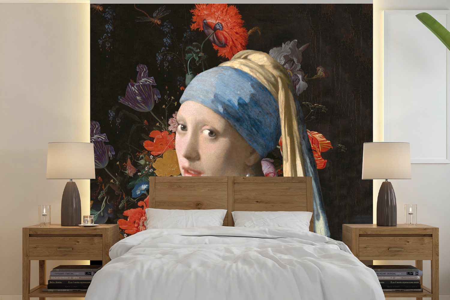 Wohnzimmer mit MuchoWow (5 Schlafzimmer, bedruckt, Das - Blumen, für Matt, Perlenohrring Fototapete - oder St), Vermeer Tapete dem Wandtapete Mädchen Vinyl