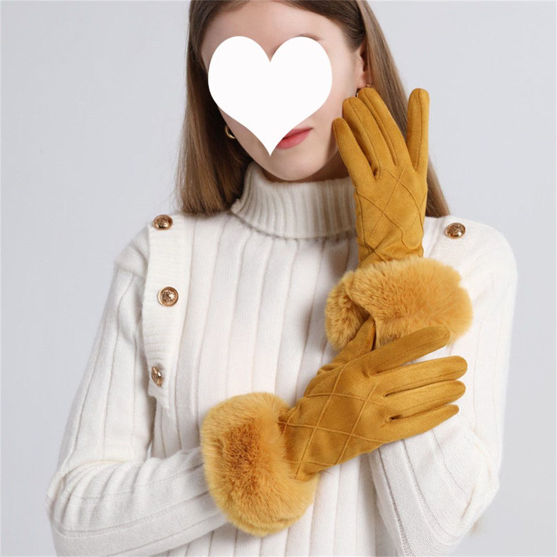 DÖRÖY Fleecehandschuhe Damen Kunstfell gepolsterte warme Handschuhe, Touchscreen Handschuhe Gelb