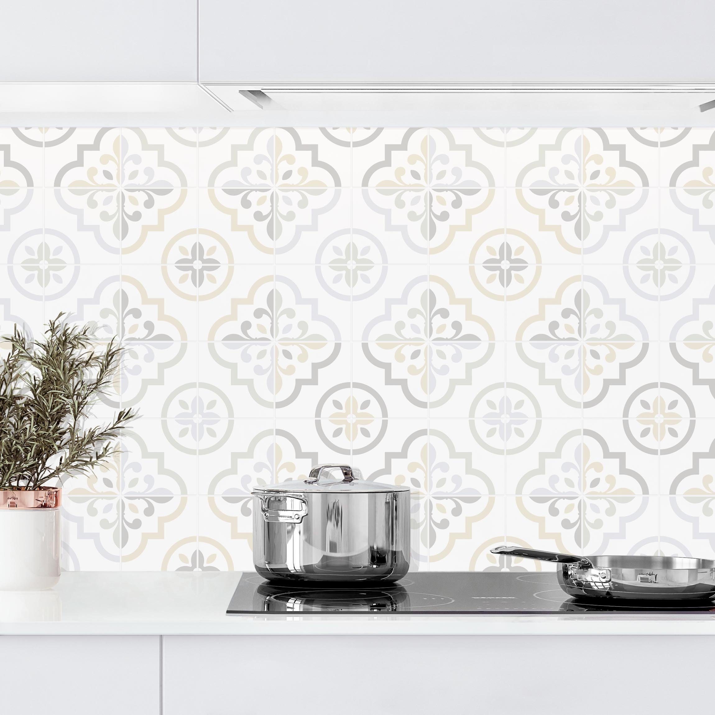 Bilderdepot24 Küchenrückwand beige dekor Vintage Fliesenoptik Ornamente Landhaus Geometrisch Asti, (1-tlg., Nischenrückwand - für Fliesenspiegel ohne Bohren - matt), Spritzschutz Rückwand Küche Herd - Folie selbstklebend versch. Größen