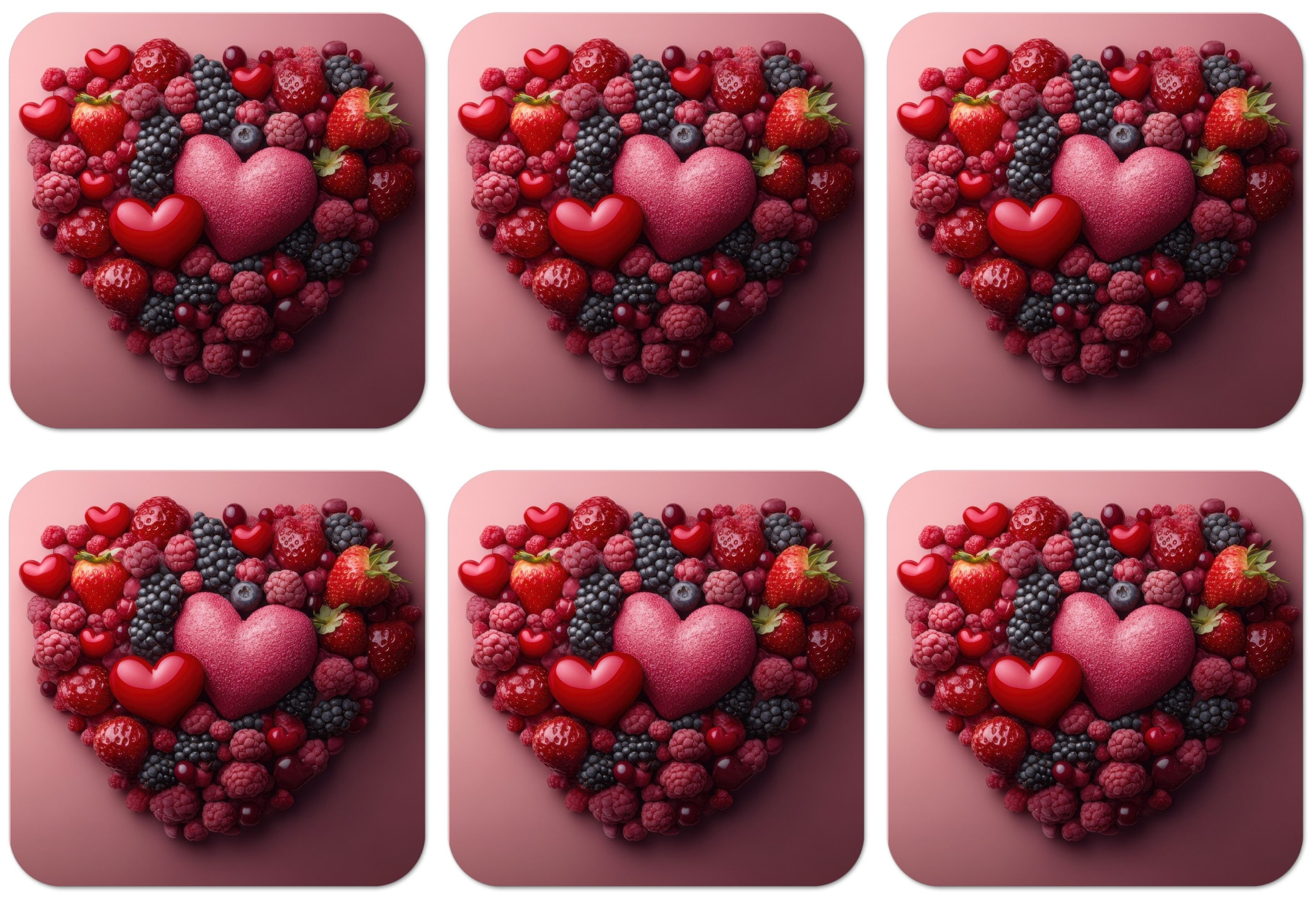 MuchoWow Glasuntersetzer Obst - Herzen - Erdbeeren - Himbeeren - Heidelbeeren, Zubehör für Gläser, 6-tlg., Tassenuntersetzer Kork, Quadrat, Untersetzer Set Gläser, 10x10 cm