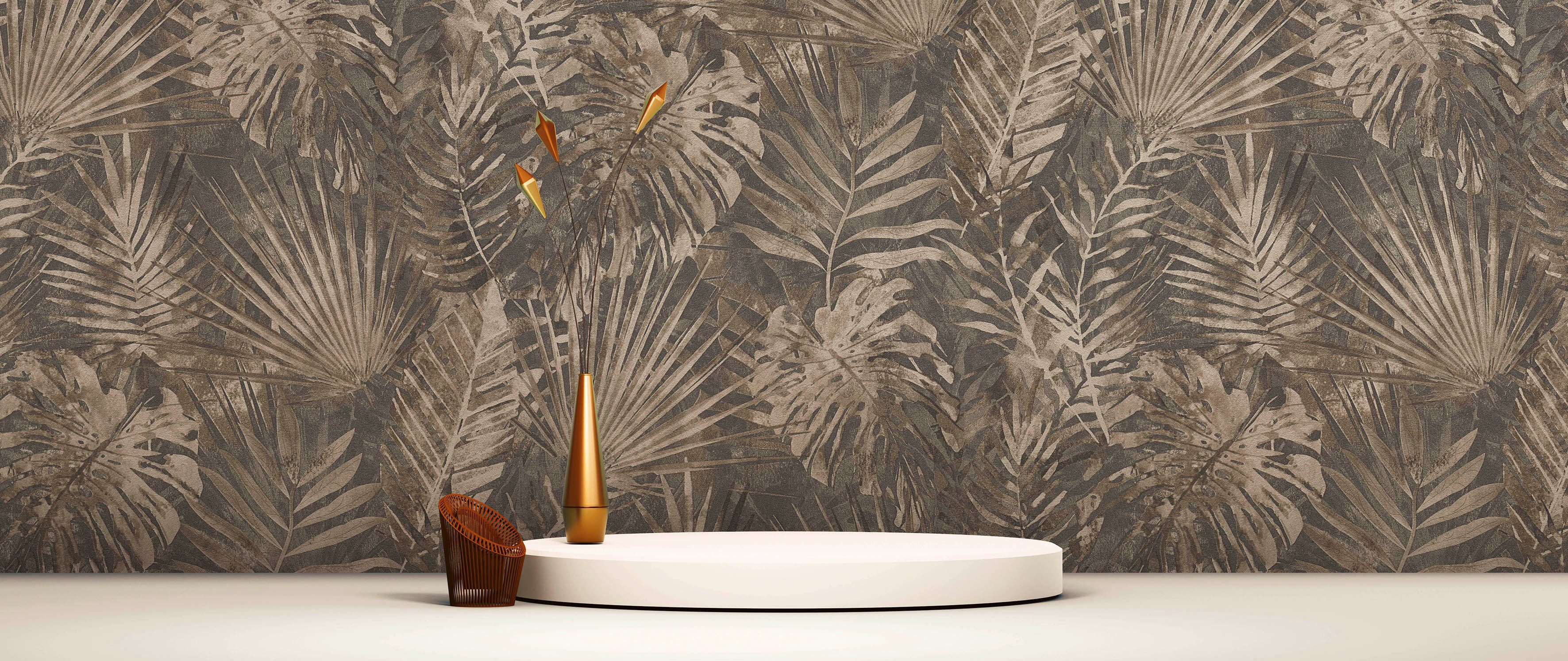 A.S. Création Vliestapete Natural Living Dschungelblätter, leicht strukturiert, matt, gemustert, neutral, (1 St), Dschungel Tapete Vlies Vlies Wand Tapeten Wohnzimmer Schlafzimmer Flur