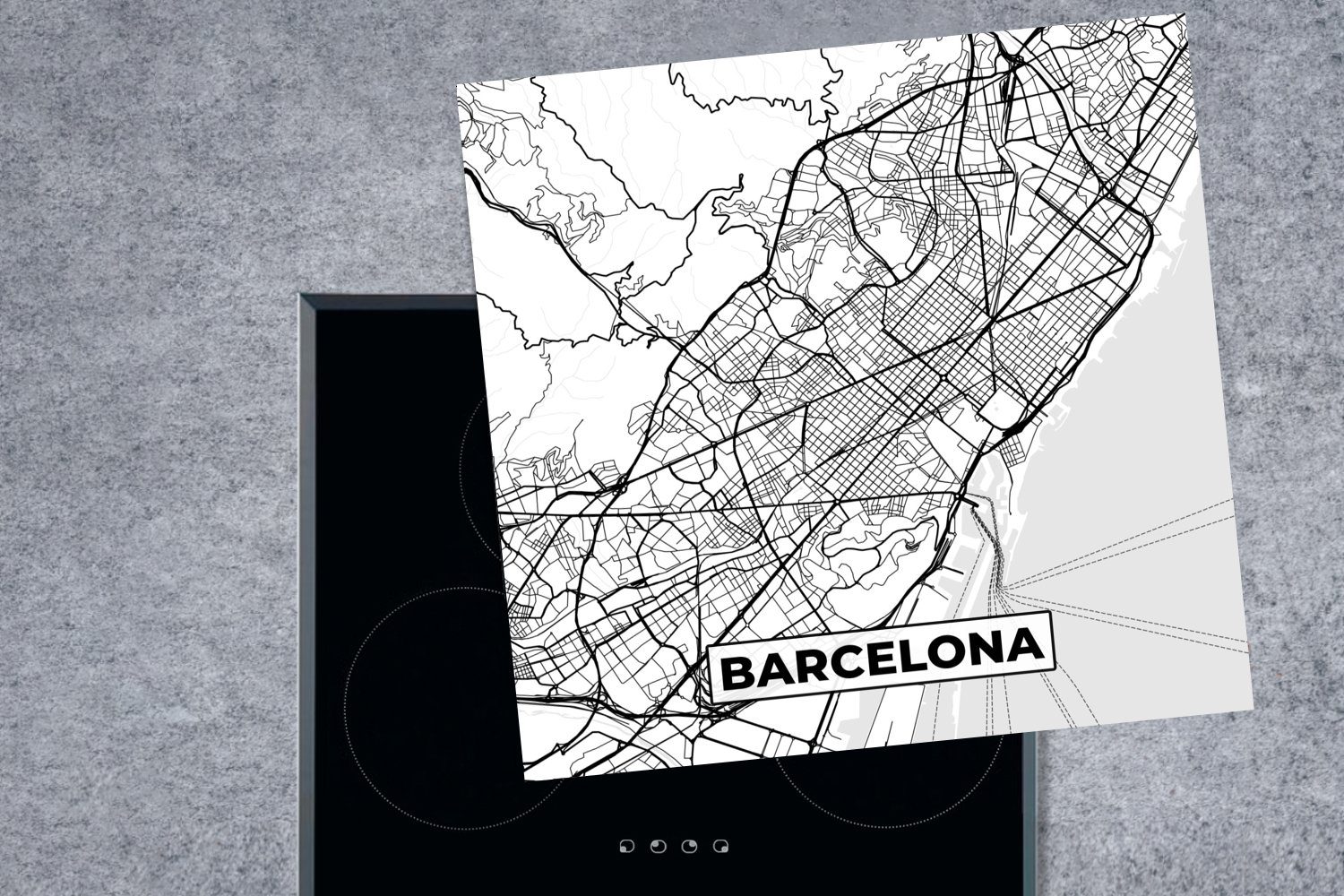 Stadtplan Vinyl, Arbeitsplatte weiß, Herdblende-/Abdeckplatte und Ceranfeldabdeckung, MuchoWow Schwarz - für Karte tlg), 78x78 küche cm, (1 Barcelona - -