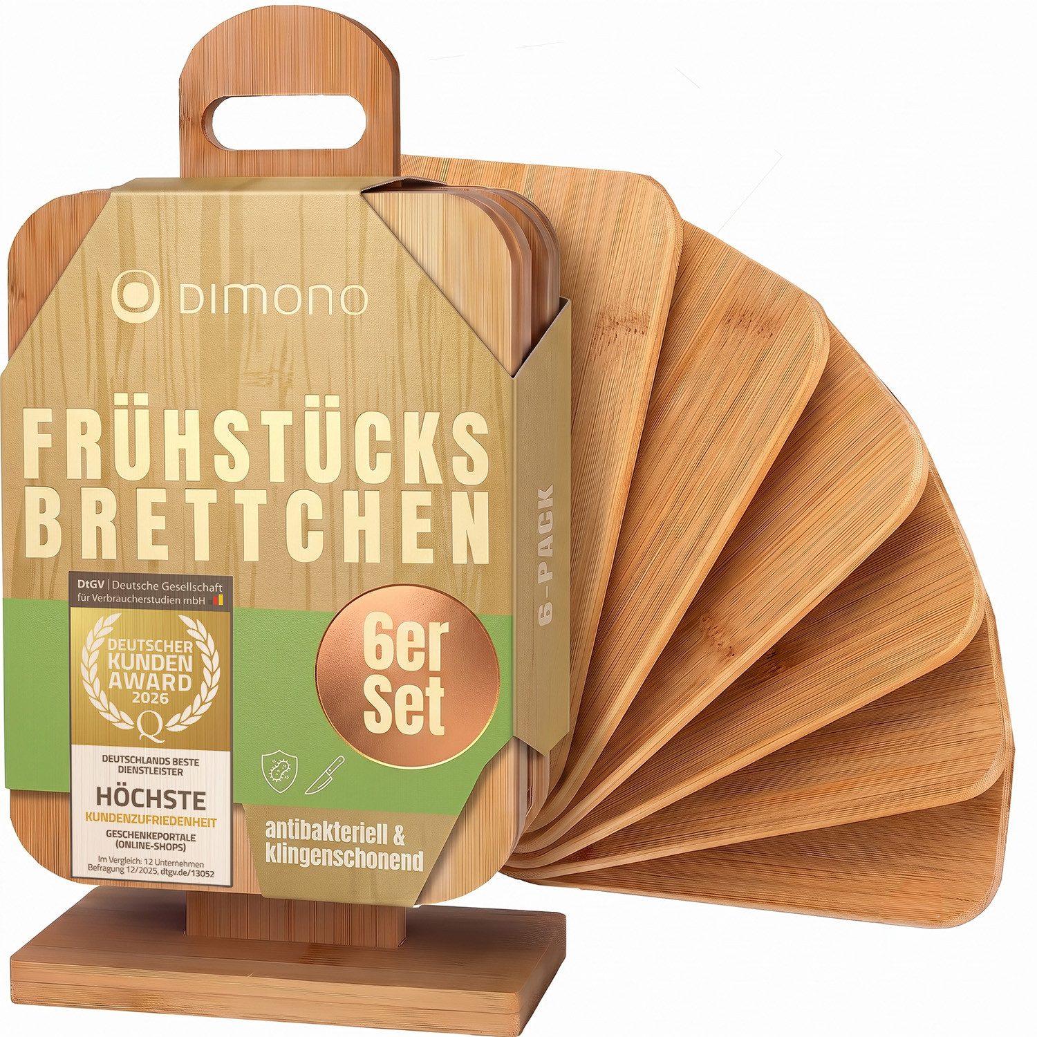 Dimono Schneidebrett Frühstücksbrett Set 6-teilig – Bambus Schneide- & Servierbretter, Bambus, (Servierbretter Küchenbrett Brotbrett), klingenschonend, antibakteriell