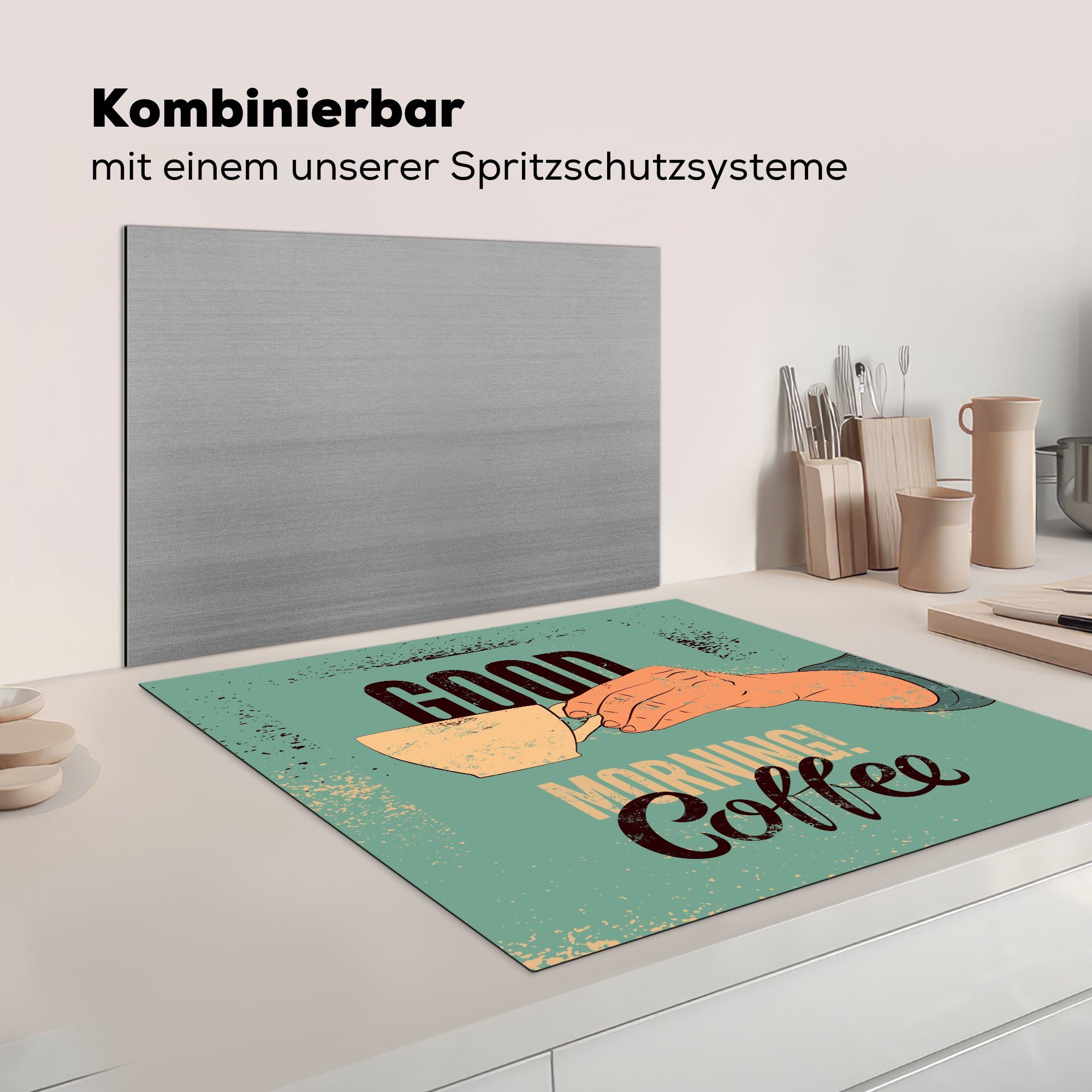 Kaffee cm, Kaffee Zitate Retro 78x78 Vinyl, (1 Herdblende-/Abdeckplatte küche Morgen! Arbeitsplatte MuchoWow Ceranfeldabdeckung, Guten - - tlg), - für - Zitate,