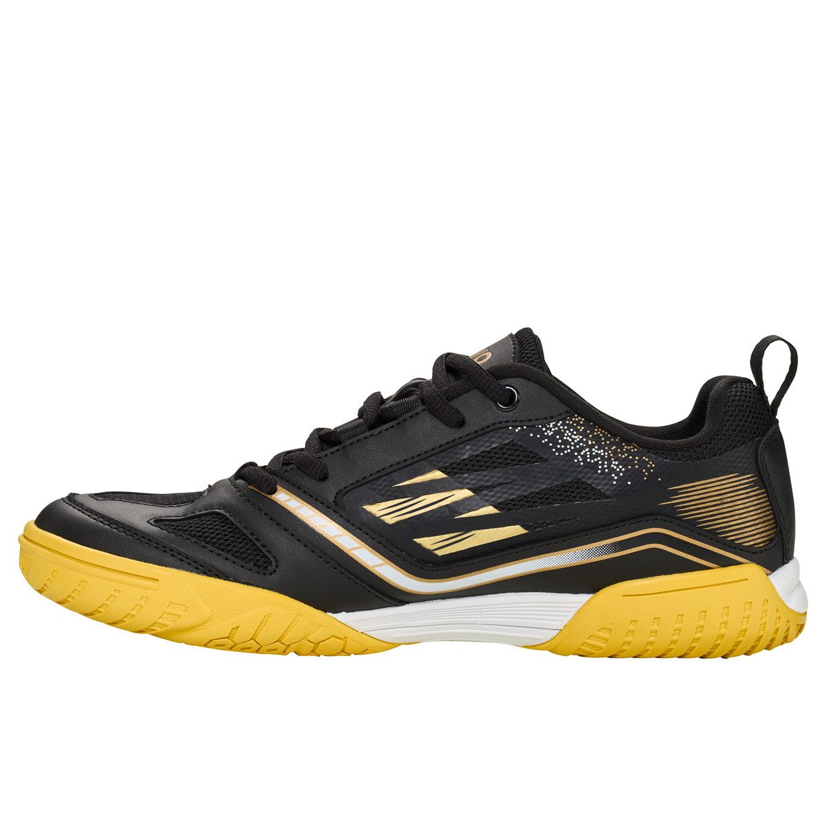 Gewo Tischtennis Schuhe Flex ForcePro Black, Hallenschuhe schwarz/gold Trainingsschuh Indoor Tischtennisschuhe Herren Damen