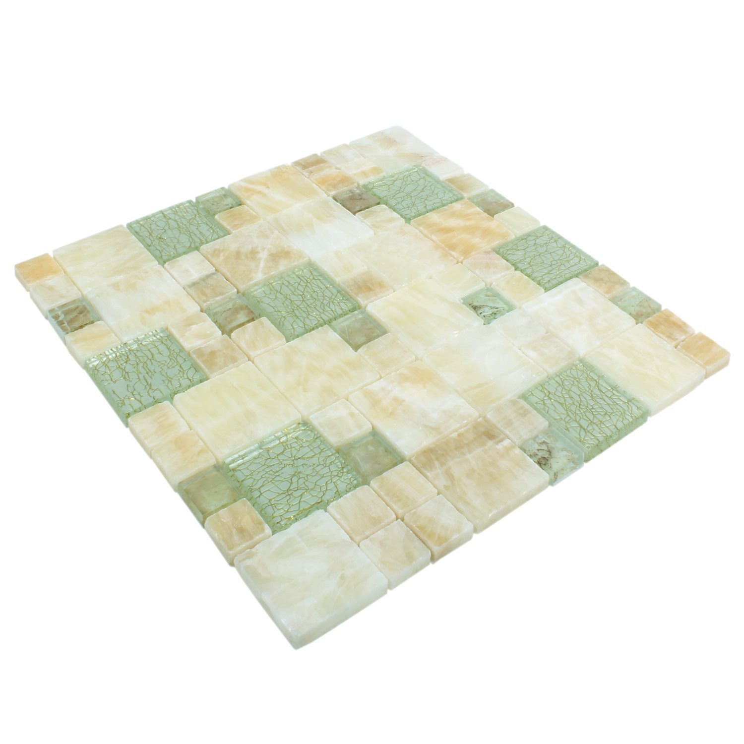 Mosafil Mosaikfliesen Glas Naturstein Onyx Mosaikfliesen Larinera Verbund, Naturstein-Glas-Onyx 30.000x30.000, gold-grün-gelb, Verlegefertig auf ein Netz geklebt - Wasserfest