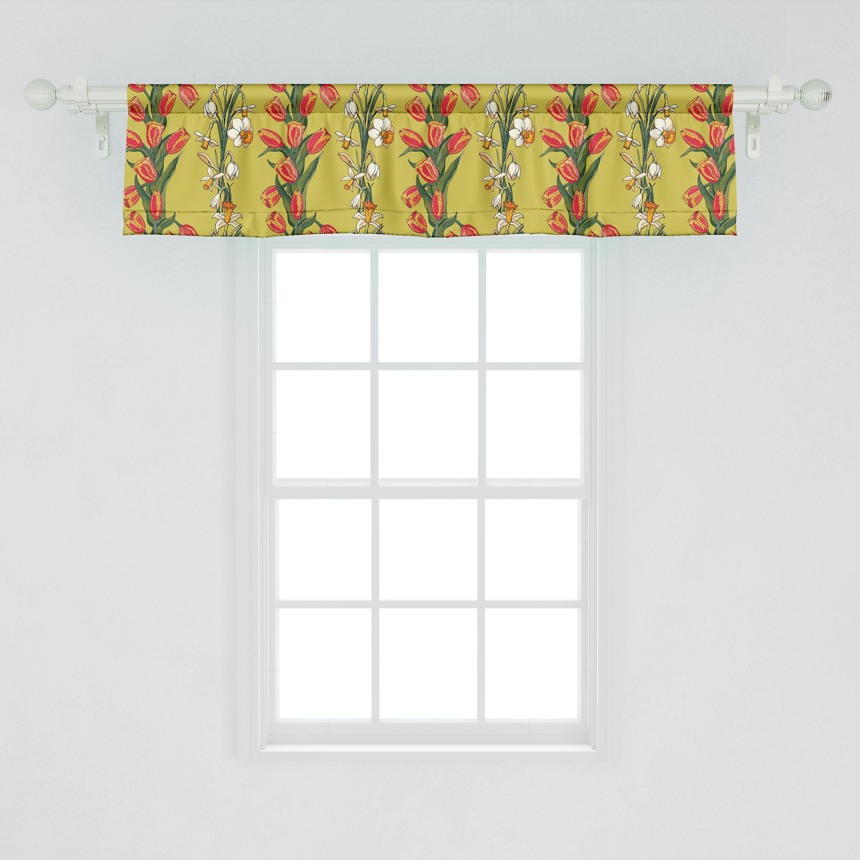 Scheibengardine Vorhang Microfaser, Blumen Schlafzimmer Dekor und Tulpen Küche Narzissen-Muster Volant Abakuhaus, für mit Stangentasche