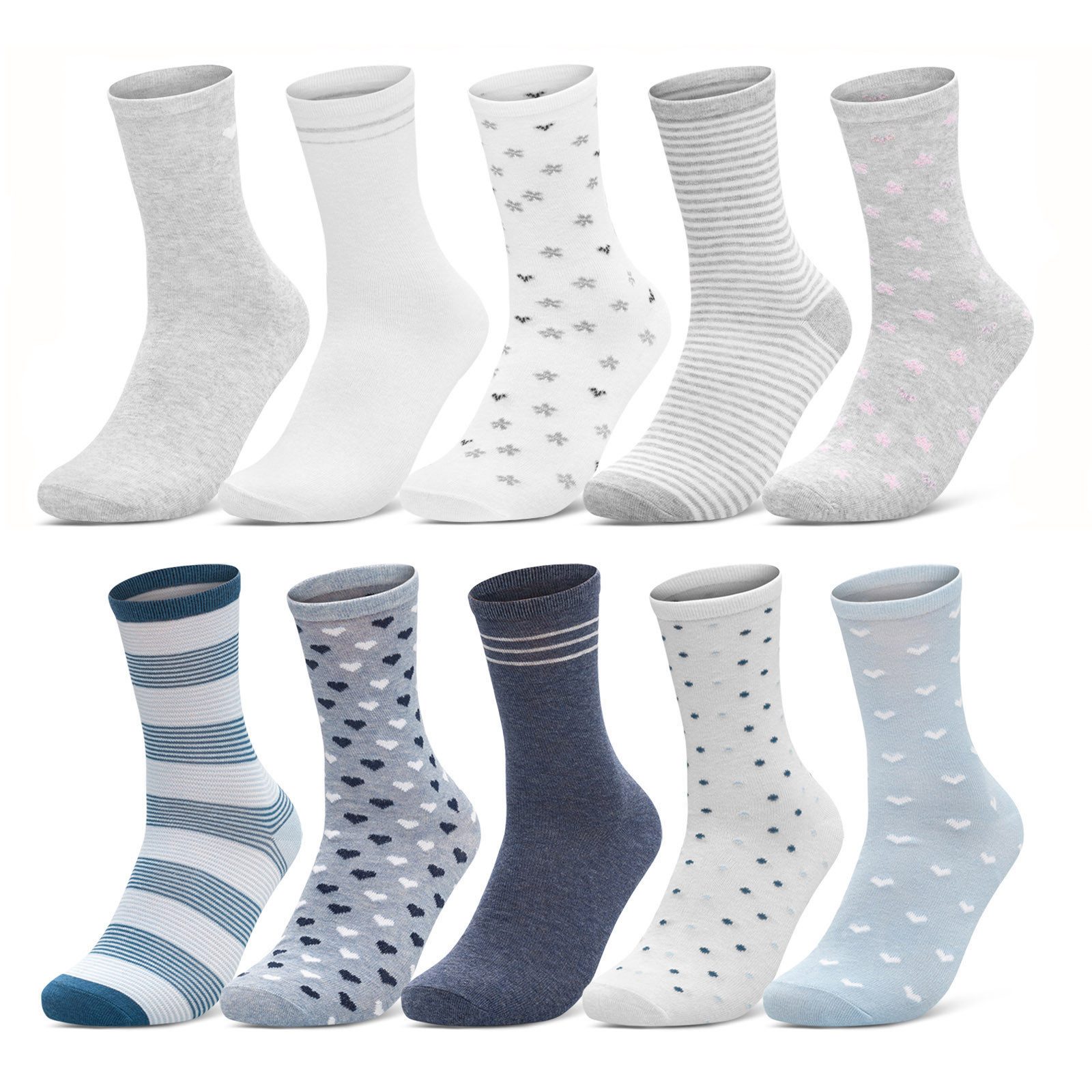 sockenkauf24 Basicsocken 10 Paar Damen Socken Mehrfarbig Streifen Punkte (34924+34911/1, 39-42) Herzen Maritim Baumwolle