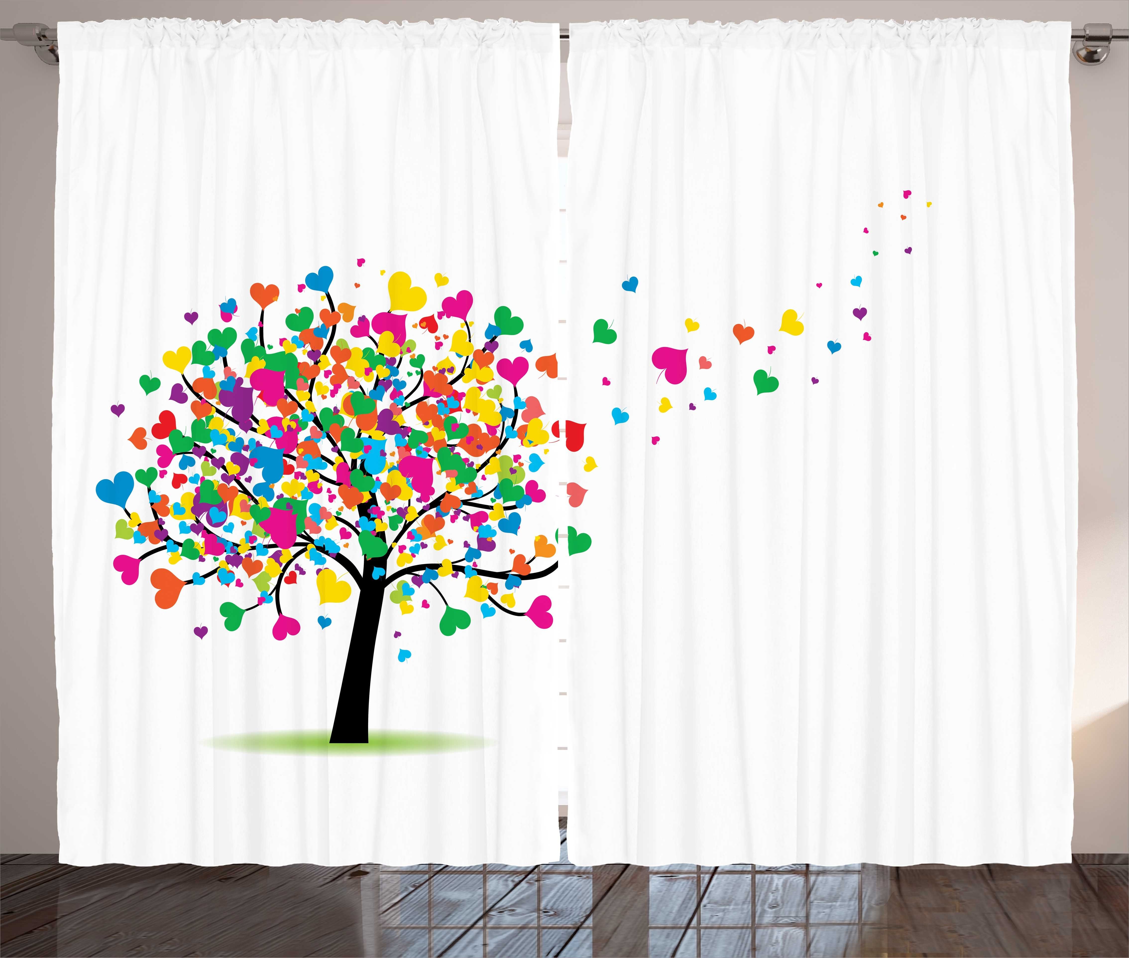 Gardine Schlafzimmer Kräuselband Vorhang mit Schlaufen und Haken, Abakuhaus, Liebe Bunte Herzen Blätter Bäume