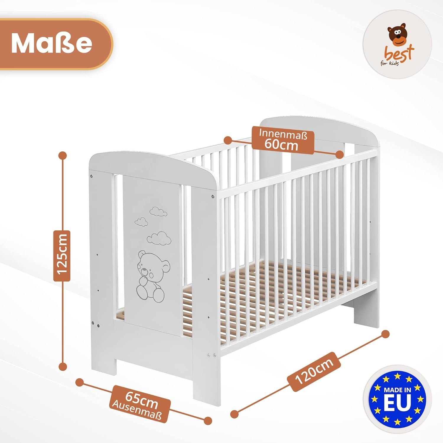 Best for Kids Babybett Babybett 120x60cm mit und ohne Matratze, 4-teilig, aus Buchenholz, Kinderbett, Babybett 60x120 cm mit 3 herausnehmbare Schlupfsprossen