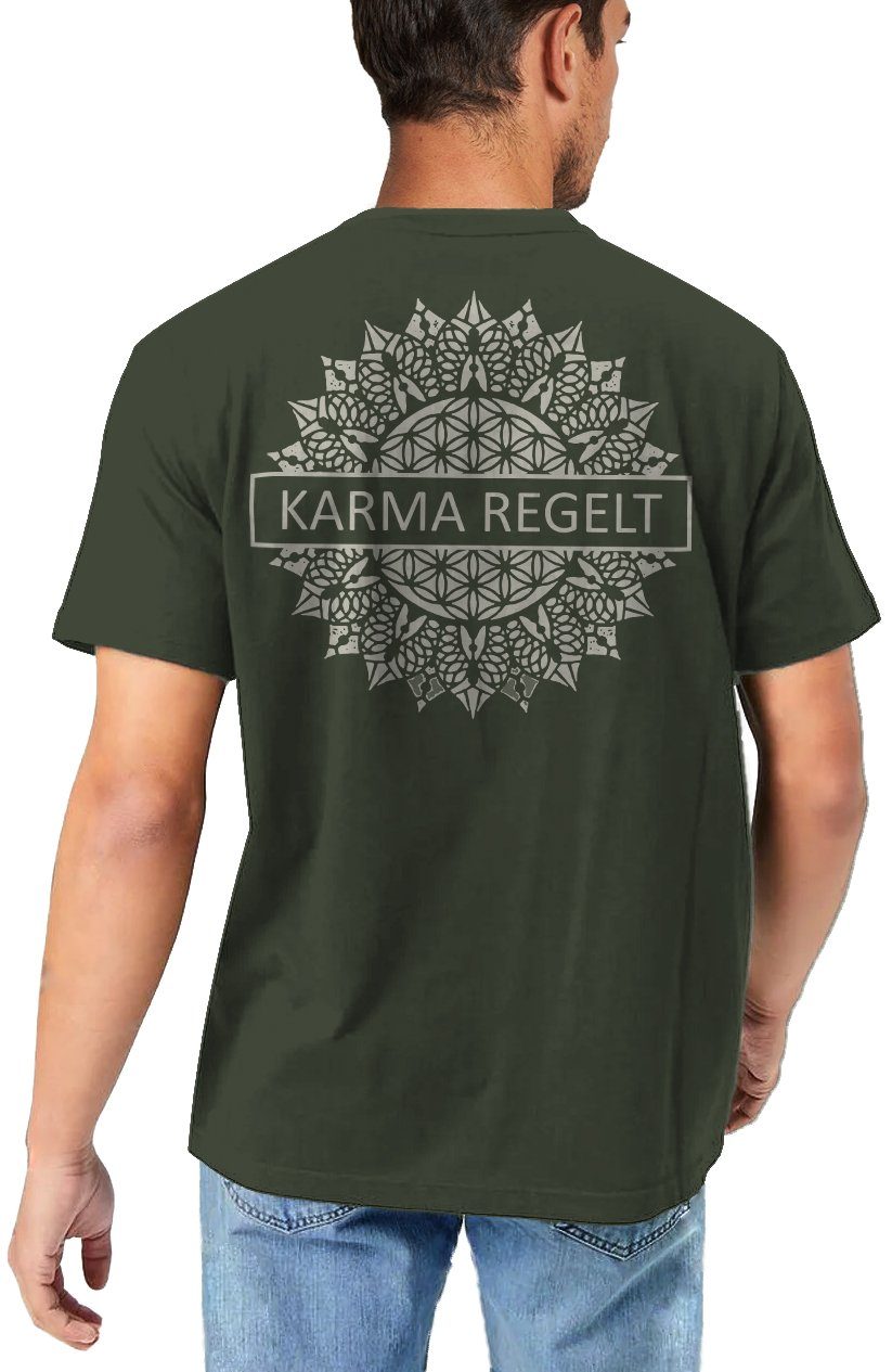 MAKAYA T-Shirt Rücken mit Herren Rückenprint Lustig Geschenke Druck Spruch Grün Esoterik Karma Regelt