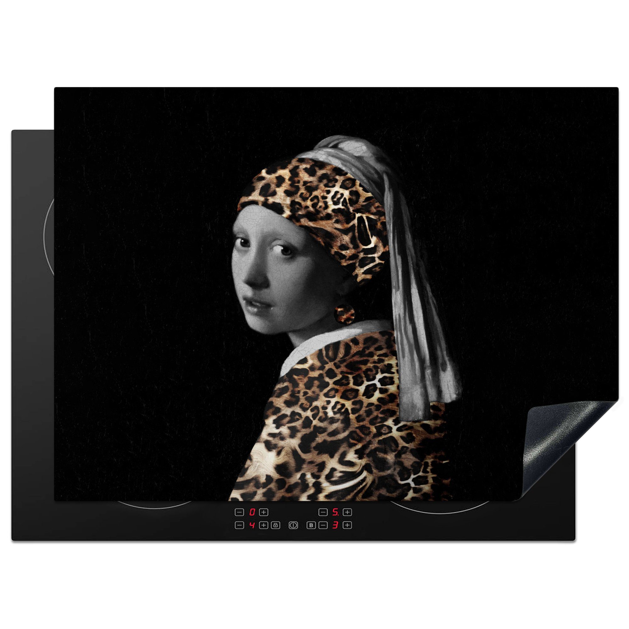 MuchoWow Herdblende-/Abdeckplatte Gemälde - Mädchen mit Perlenohrring - Panther, Vinyl, (1 tlg), 71x52 cm, Induktionskochfeld Schutz für die küche, Ceranfeldabdeckung