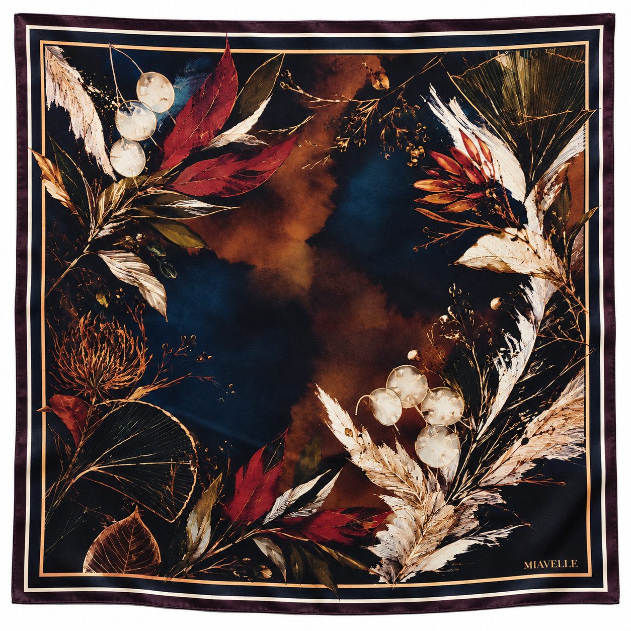 MIAVELLE Seidentuch Seidentuch Damen Halstuch Bandana Schal 100% Seide rot-blau-braun, 100% Seide 66 x 66 cm aus Deutschland, auch als Geschenk