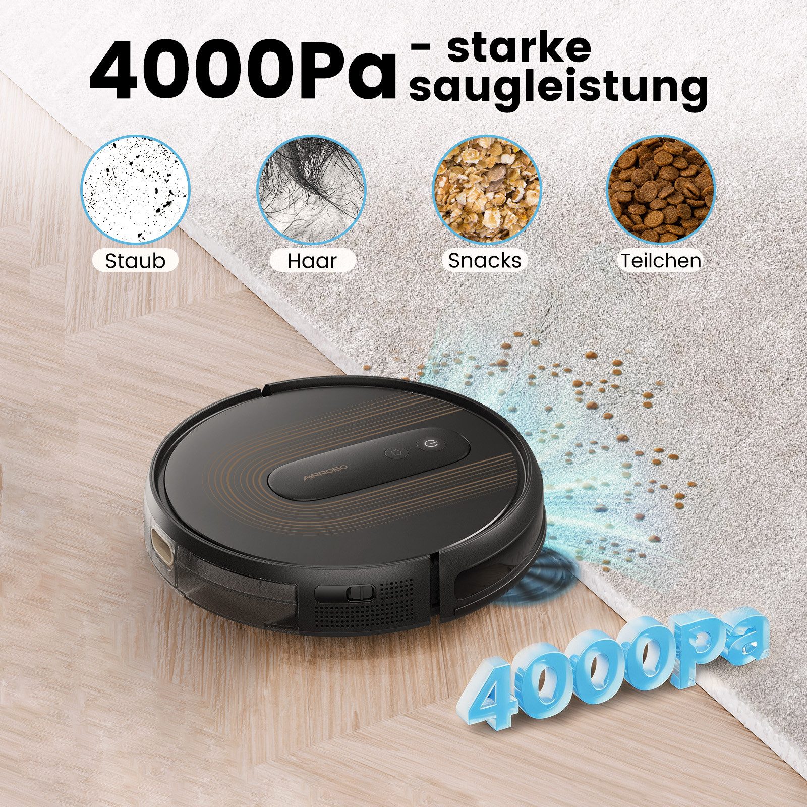 AIRROBO Saugroboter G50, 4000 Pa starke Saugkraft, 4 Reinigungsmodi,120 min Laufzeit, 45 W, App & Fernbedienung, ultradünn 7,8 cm, für Tierhaare & Hartböden,Zwei Jahre Garantie