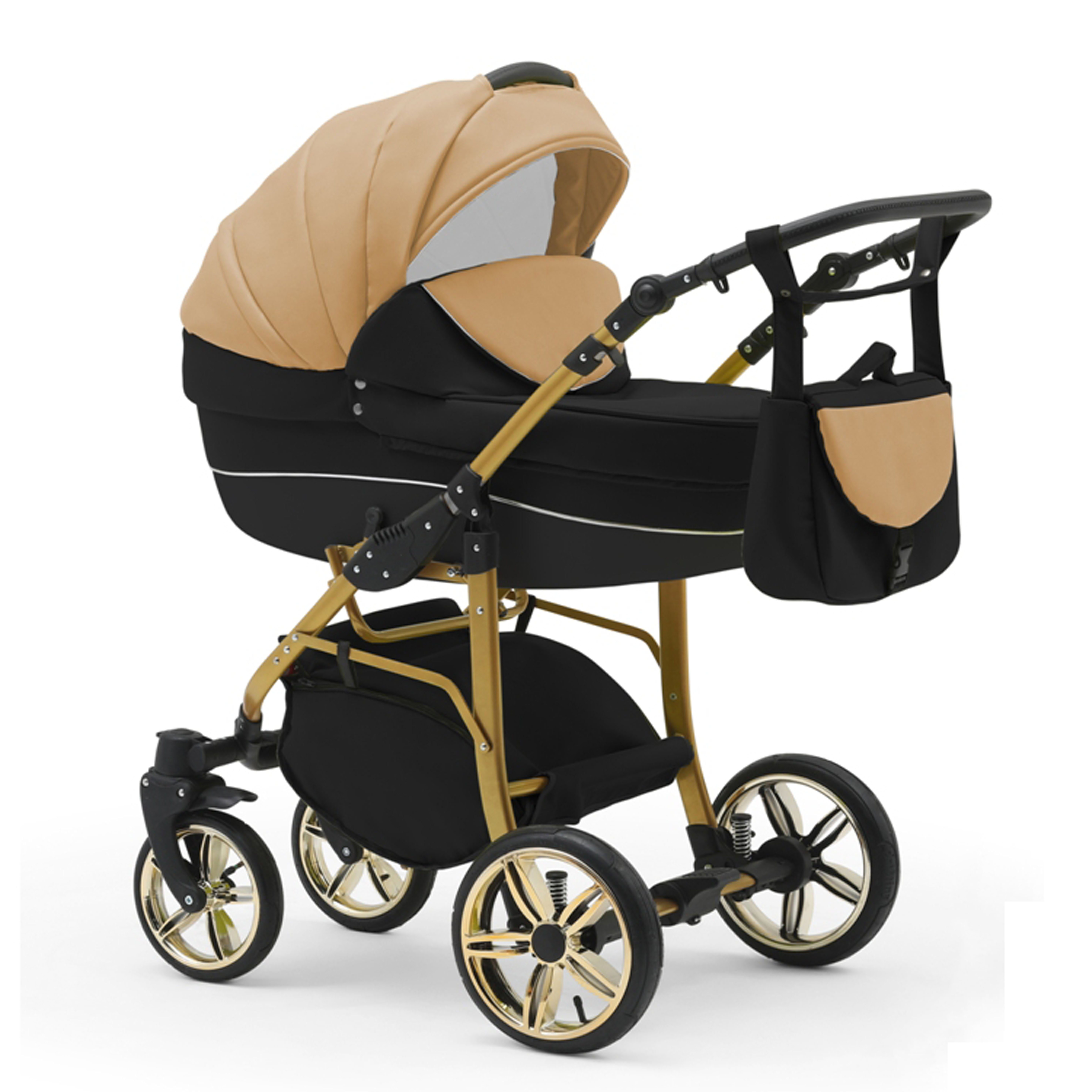 babies-on-wheels Kombi-Kinderwagen 2 in 1 Kinderwagen-Set Cosmo ECO Gold - 13 Teile - in 46 Farben Beige-Schwarz
