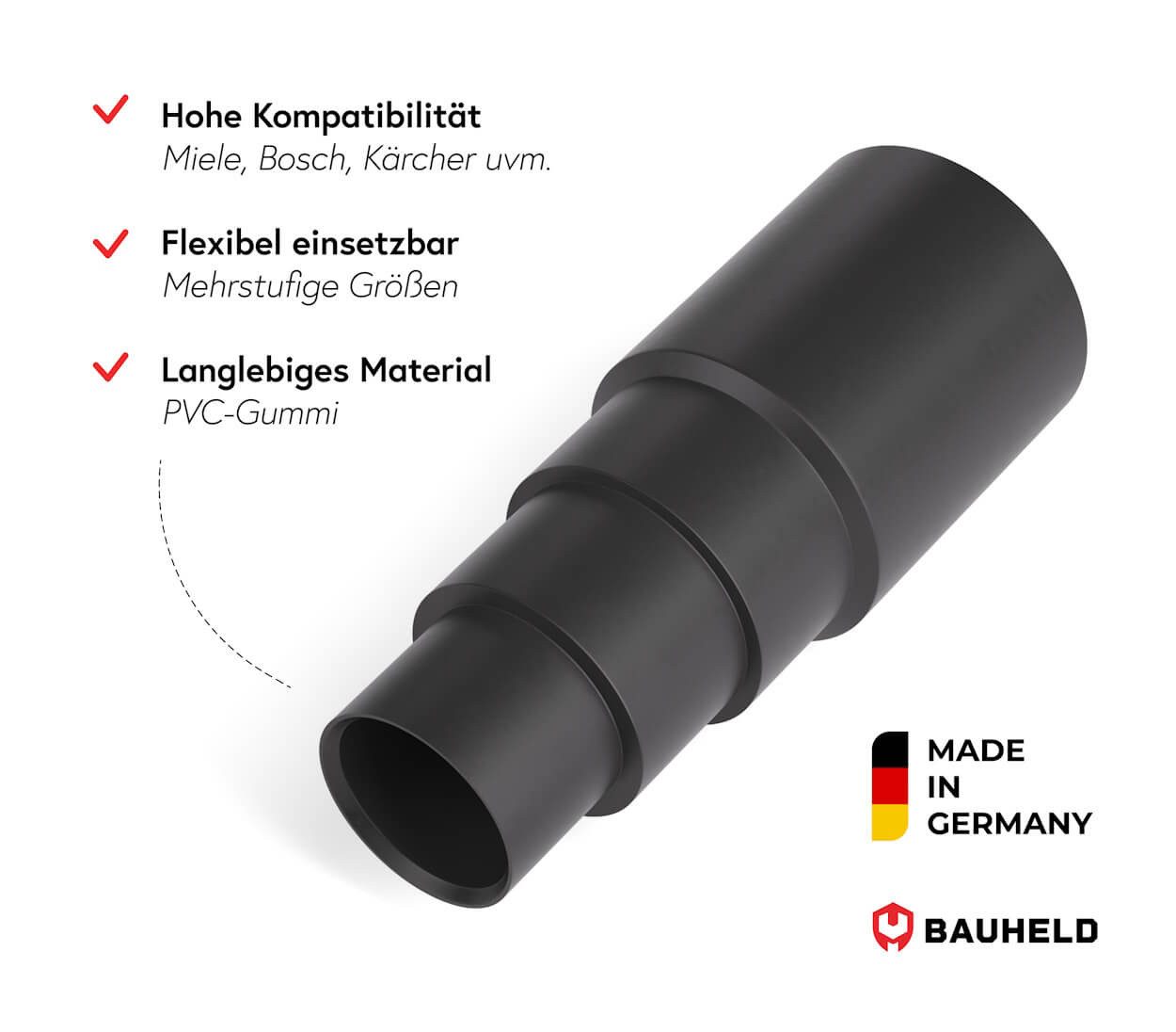 BAUHELD Staubsaugerrohr-Adapter Schwarz PVC-Gummi, Zubehör für Kärcher, Bosch, Miele, AEG, Siemens, Makita, Dyson, Festool, Vorwerk, Einhell, Mehrstufensystem, flexibel zuschneidbar