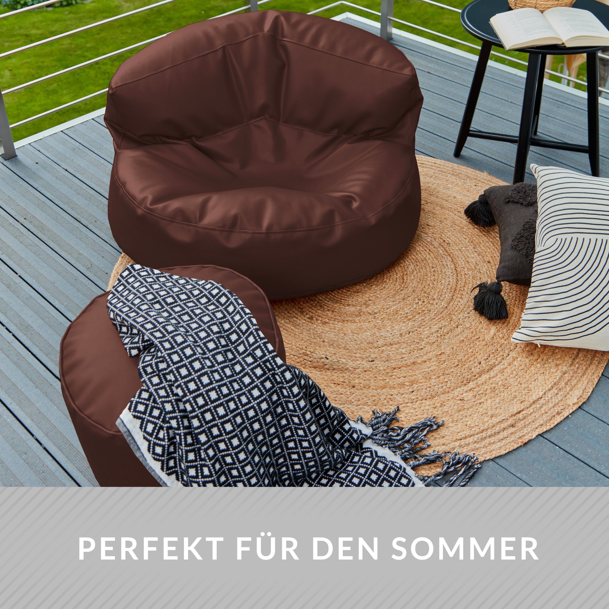 aus + Dunkelbraun ca. Set 90x45cm Green Perlen Stay EPS Füllung XXL Couch Kunstleder, Sitzsack - Sofa als Pouf Sitzsack Riesensitzsack Lounge Bean