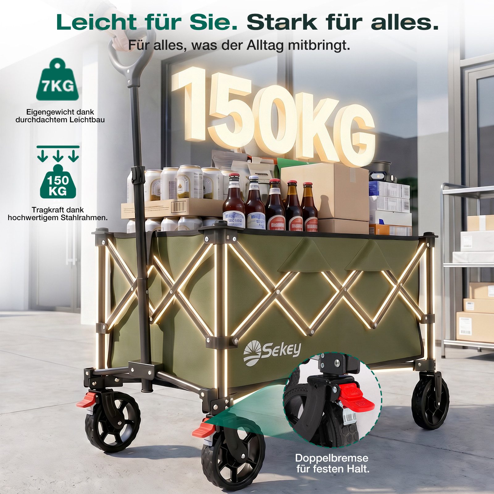 Sekey Bollerwagen Bollerwagen Faltbar Handwagen Belastbar bis 150kg Transportwagen, Zusammenfaltbar aus 4 Richtungen, mit verstellbarem Handgriff – Bild 2 von 5