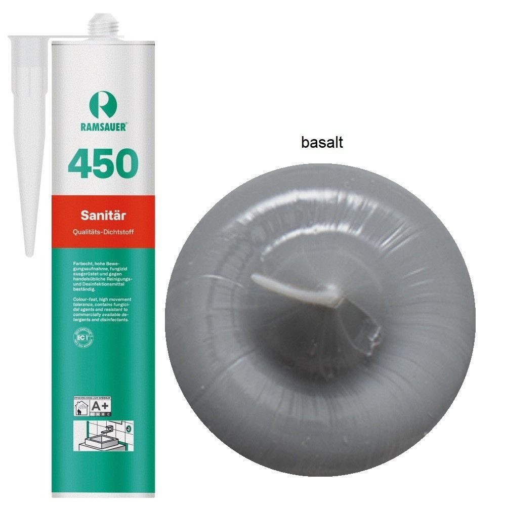 Ramsauer Dichtstoff Ramsauer 450 Sanitär 1K Silikon Dichtstoff 310ml Kartusche basalt, gebrauchsfertig, chemisch widerstandsfähig, schnellhärtend, UV-beständig, pilzhemmend