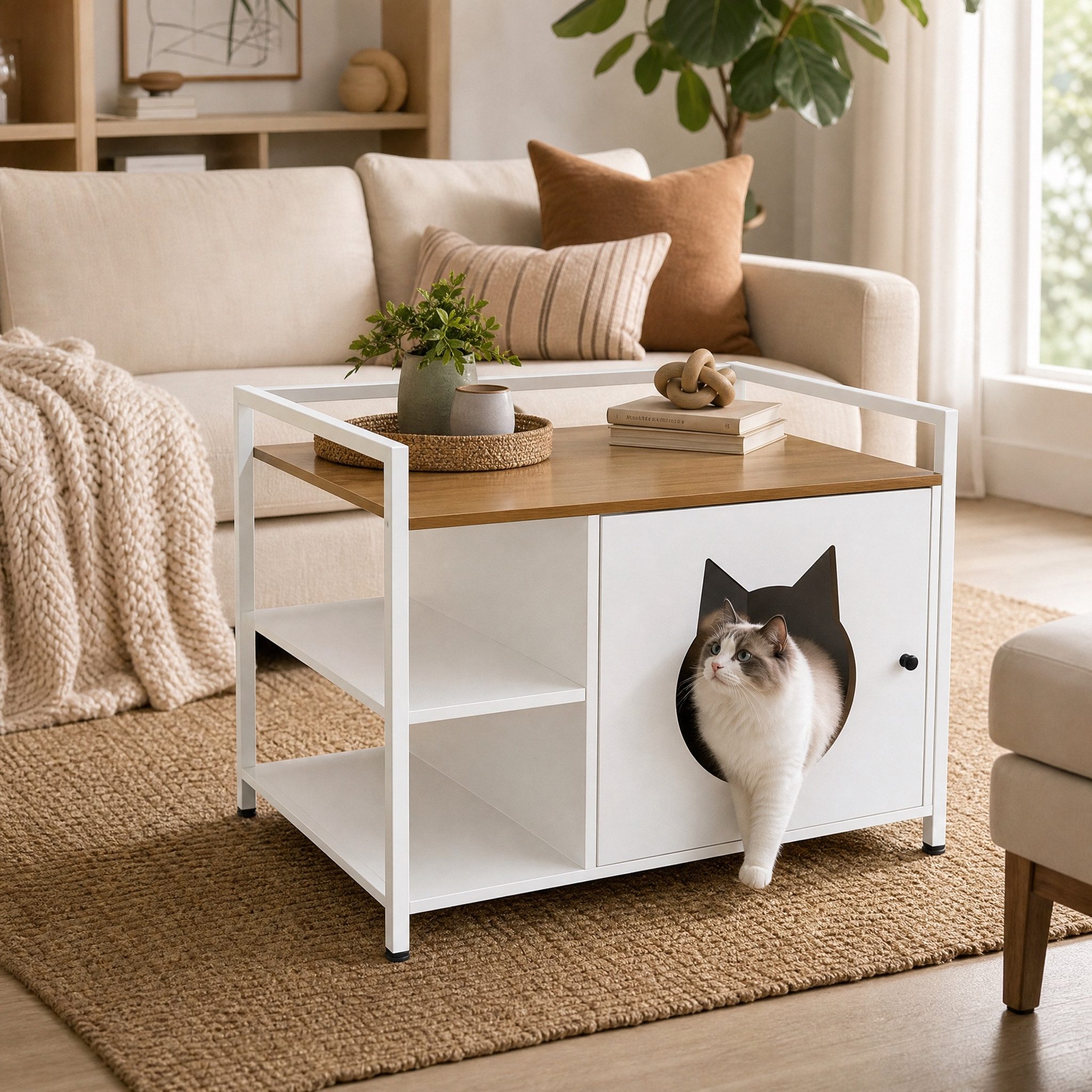 BlingBin Tierhaus Katzentoilettenschrank mit Katzenkopf-Loch und 2 Ablageregalen, moderner multifunktionaler Katzen-Beistelltisch mit Stauraum