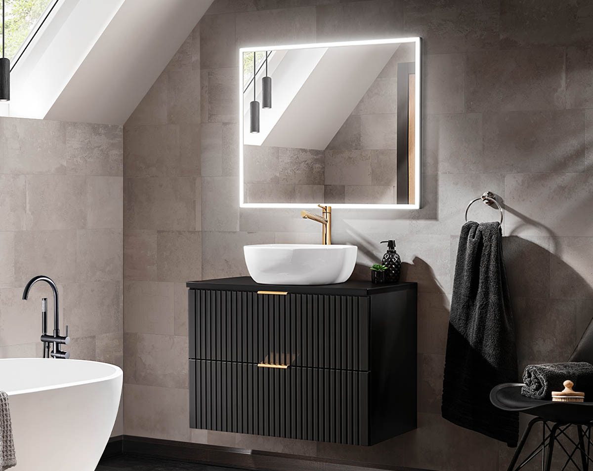 Waschtisch-Set Badezimmer Set 2-teilig BLACKENED 80cm, Aufsatz-Waschbecken, schwarz