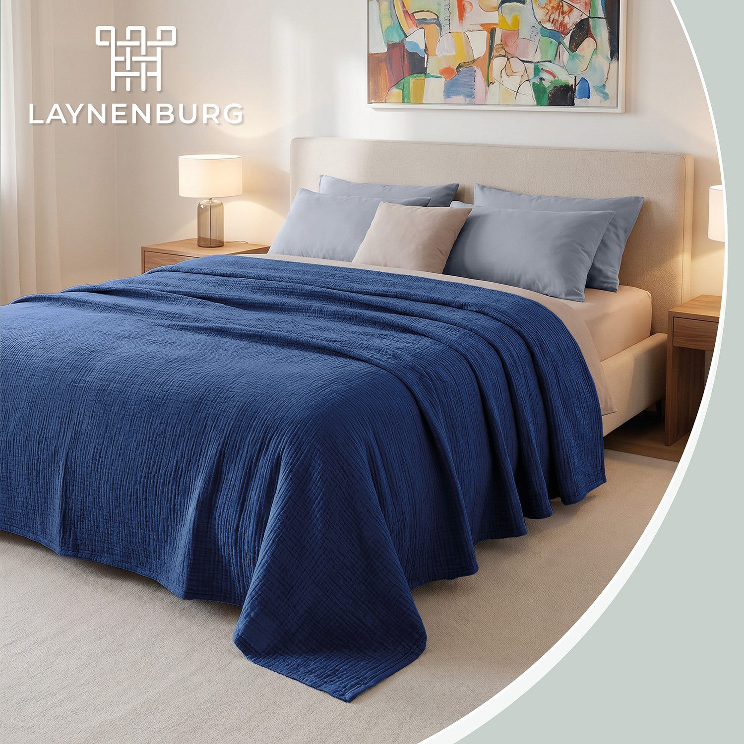 Laynenburg Tagesdecke Musselin aus 100% Baumwolle – Baumwolldecke, Kuscheldecke, Wohndecke als Sommerdecke, Bett-Überwurf, Couch-Überwurf, Sofa-Decke – Bild 2 von 5