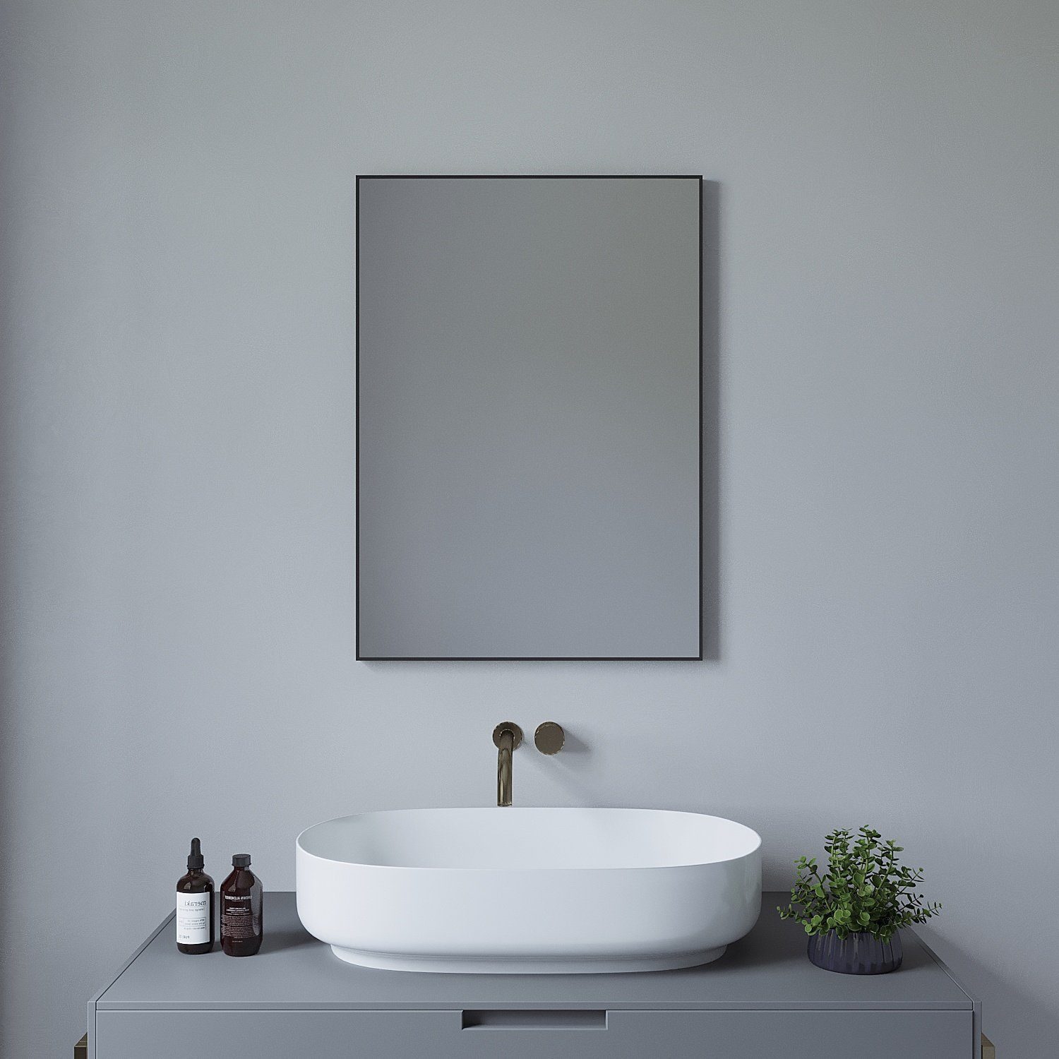 AQUALAVOS Spiegel Wandspiegel Alu-Rahmen 70x50 80x60 100x60cm Vollrahmen in Schwarz matt, ohne Beleuchtung Ultraflaches Design Vertikal /Horizontal möglich