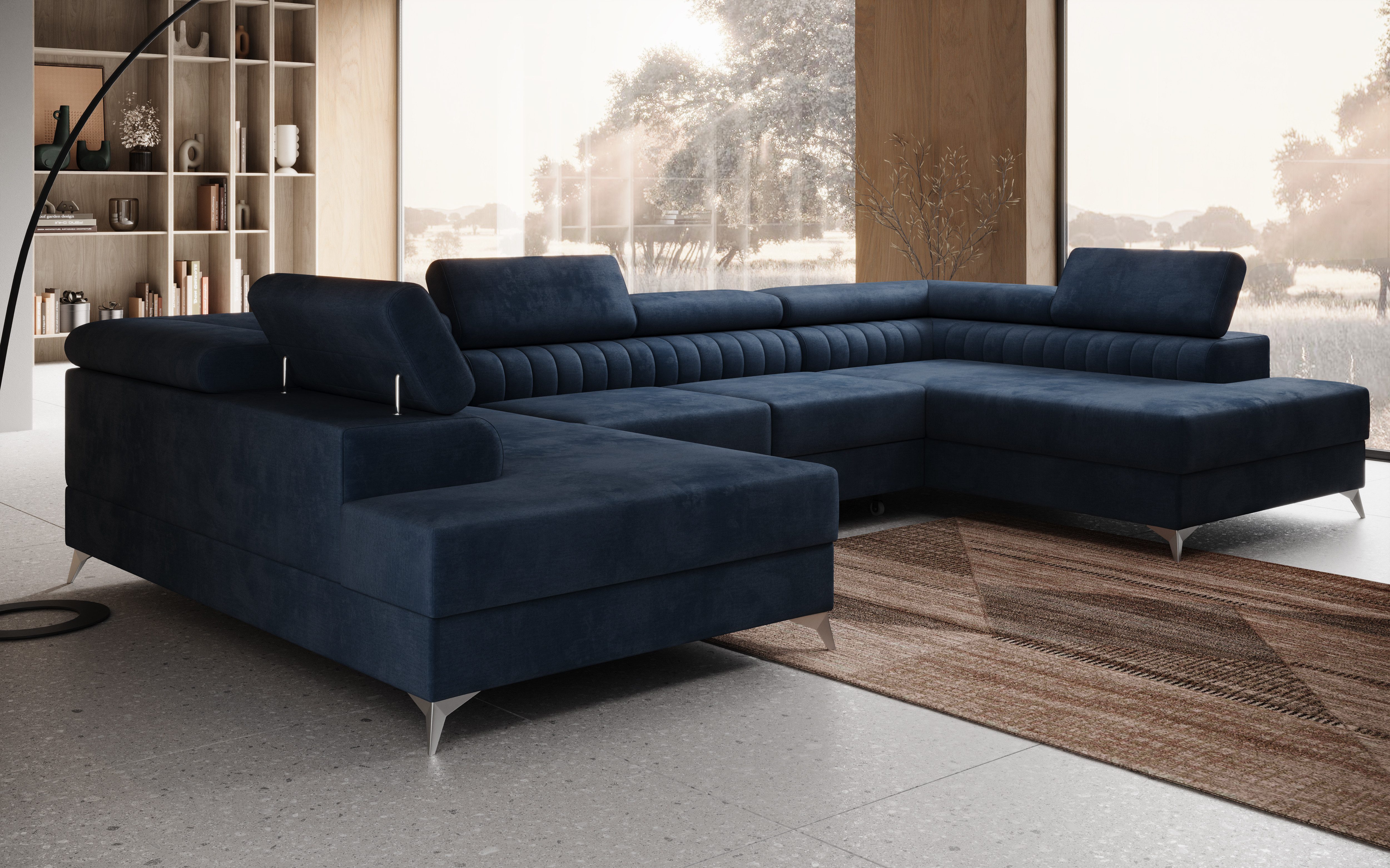 thematys Ecksofa PRATO U 355 x 204cm mit Schlaffunktion & Bettkasten –, U-Sofa mit 4 verstellbaren Kopfstützen, Samt (Monolotith), oder Bouclé (Quelle), - U-Form, XL-Wohnlandschaft, 355 cm breit