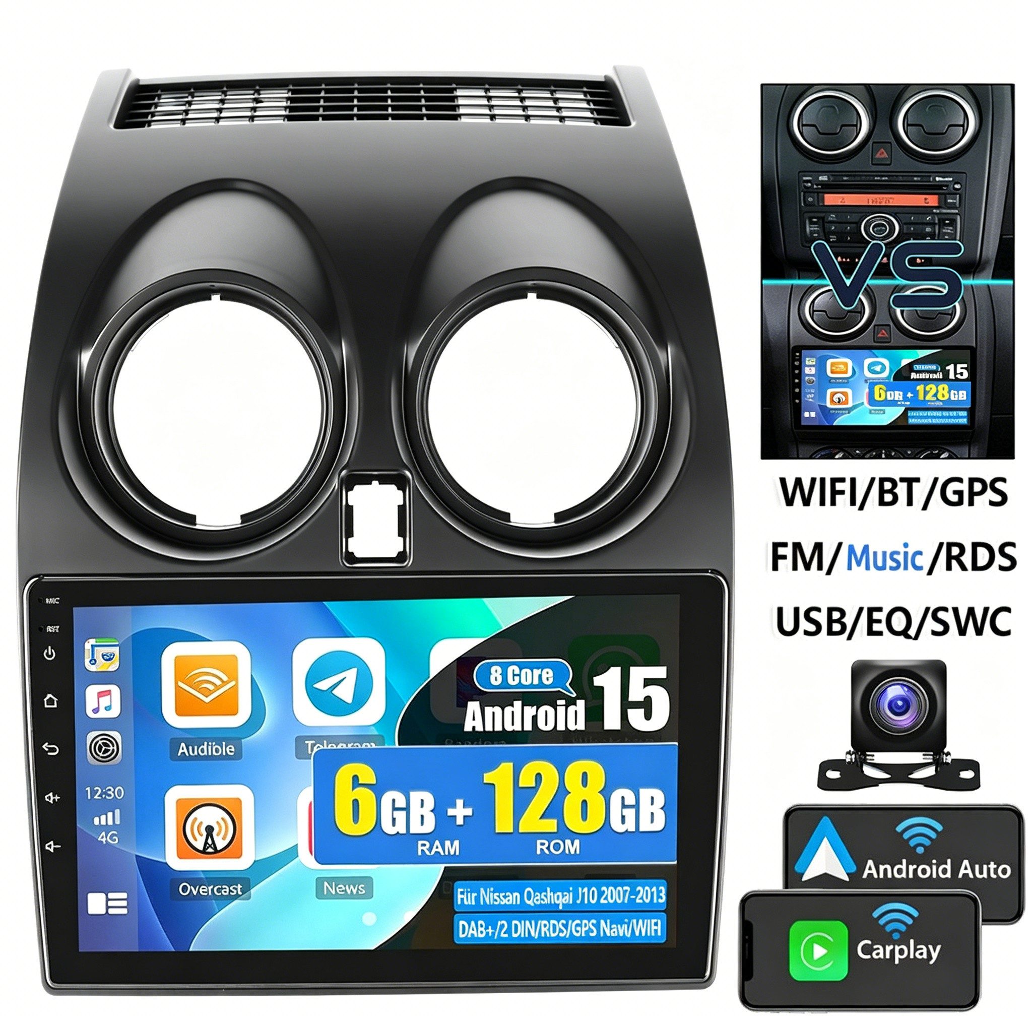 ESSGOO DAB+ Android 15 Für Nissan Qashqai J10 2007-2016 Autoradio 6+128G Autoradio (6GB+128GB, RDS, 4G, FM, AM, DAB+ (optional), Carplay Android Auto Bluetooth EQ USB GPS Navi WIFI Touchscreen)