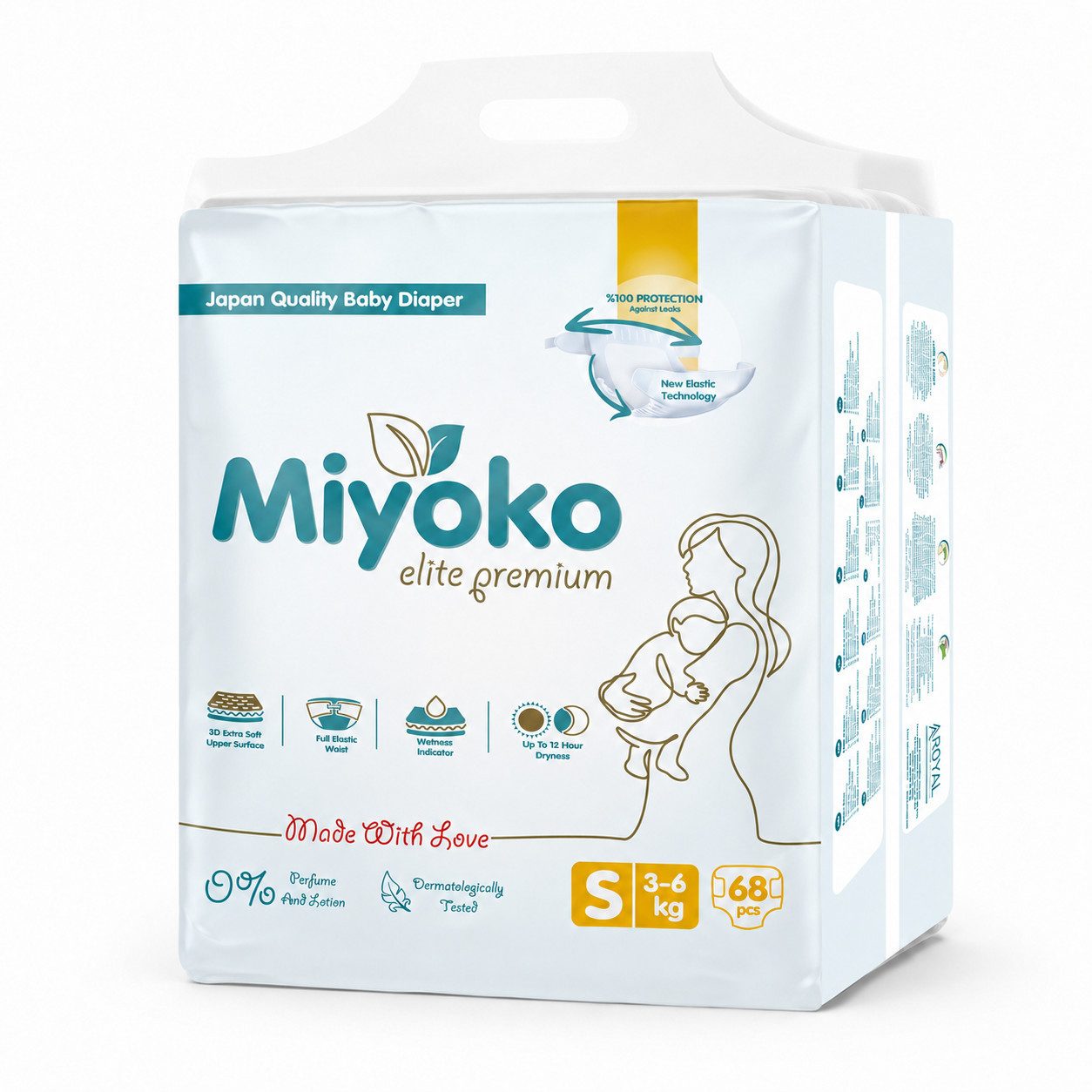 Preline Windeln Miyoko Elite Premium Babywindel, 3D extra weiche Oberfläche (Einzelpackung, 1er-Set, Größe S–XXL, 38–68 Stück je nach Größe), Nässeindikator, elastischer Bund, bis zu 12 Std. Trockenheit