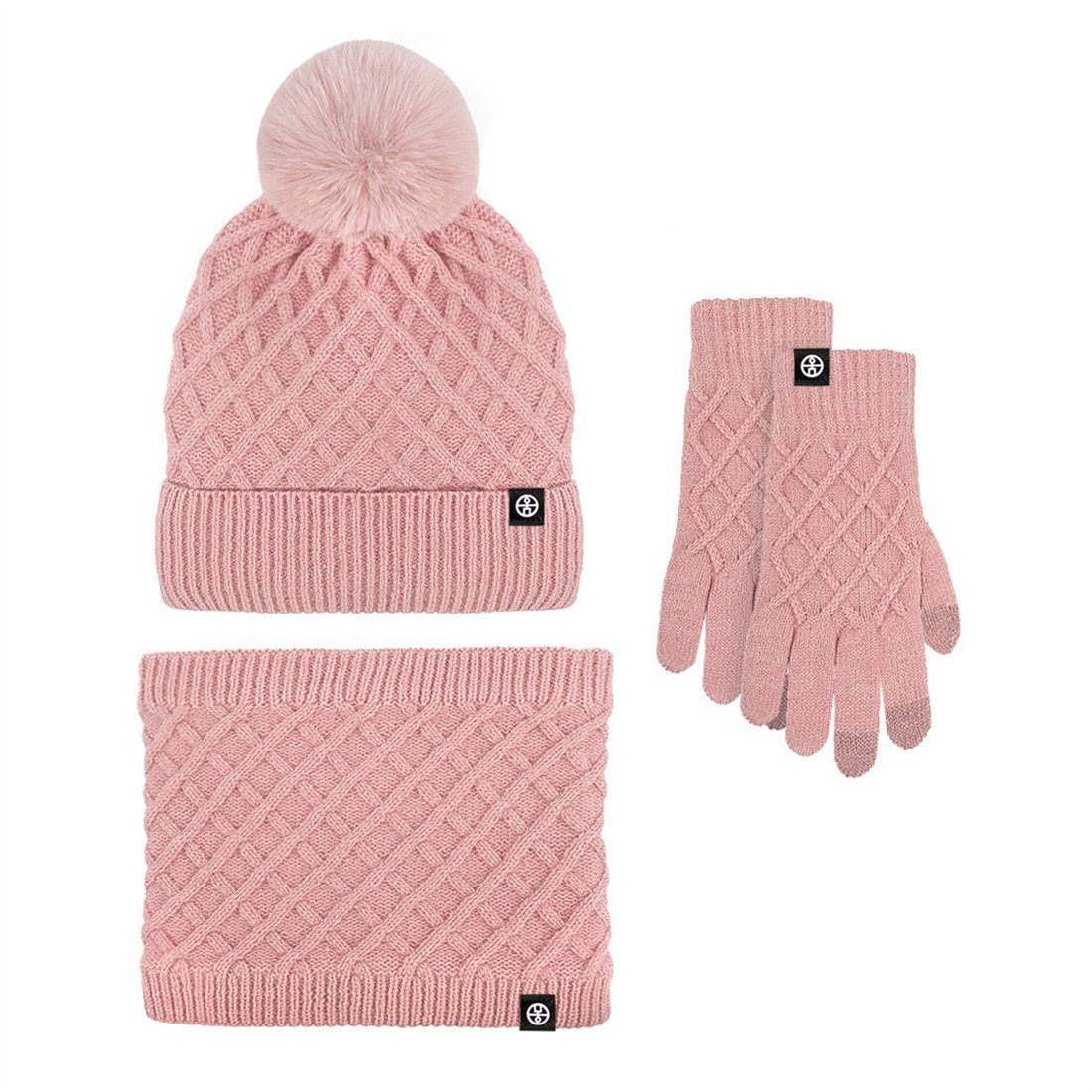 DÖRÖY Strickmütze Winter gepolstert Warm Mütze Schal Handschuhe 3 Stück, Warm Set Rosa | Strickmützen