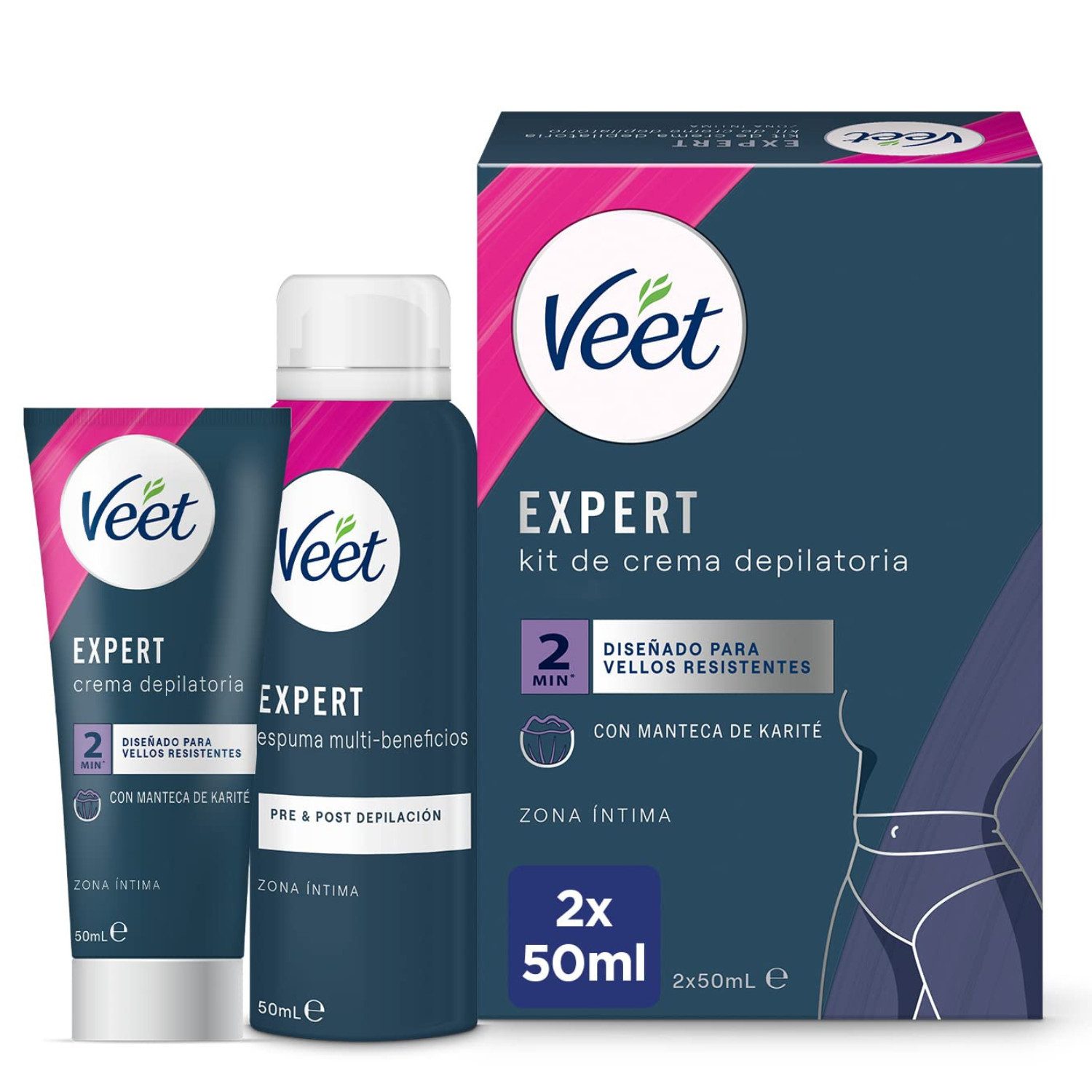 Veet Enthaarungscreme Veet Expert Intim-Haarentfernungsset 2 x 50 ml, Enthaarungsset, Enthaarungscreme 50 ml + Pflegeschaum 50 ml, Mit Pflegeschaum und Sheabutter zur Hautpflege