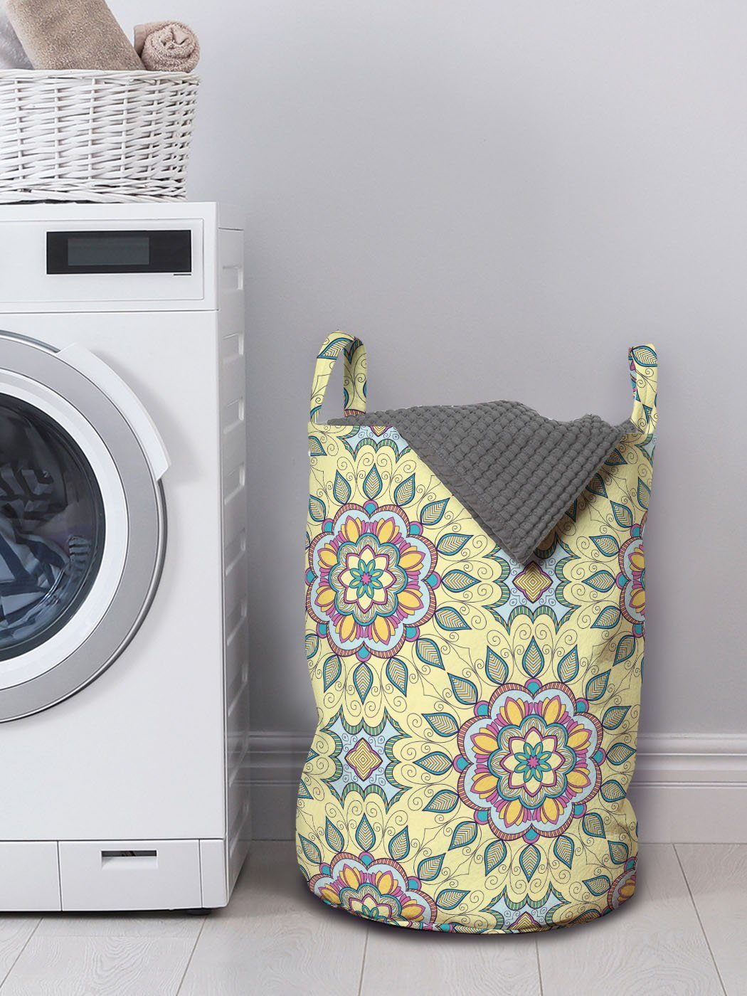 Kordelzugverschluss Abstrakt Wäschekorb für Waschsalons, Wäschesäckchen Mandala-Muster Abakuhaus mit Griffen Oriental