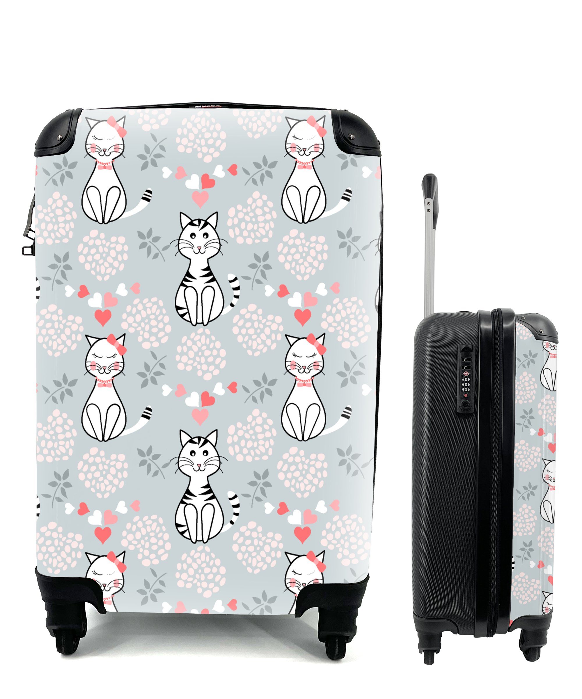 MuchoWow Handgepäckkoffer - - mit Muster Ferien, Reisekoffer 4 - Rollen, für Mädchen Kinder - Trolley, Handgepäck Katze rollen, - Reisetasche Mädchen, Herz