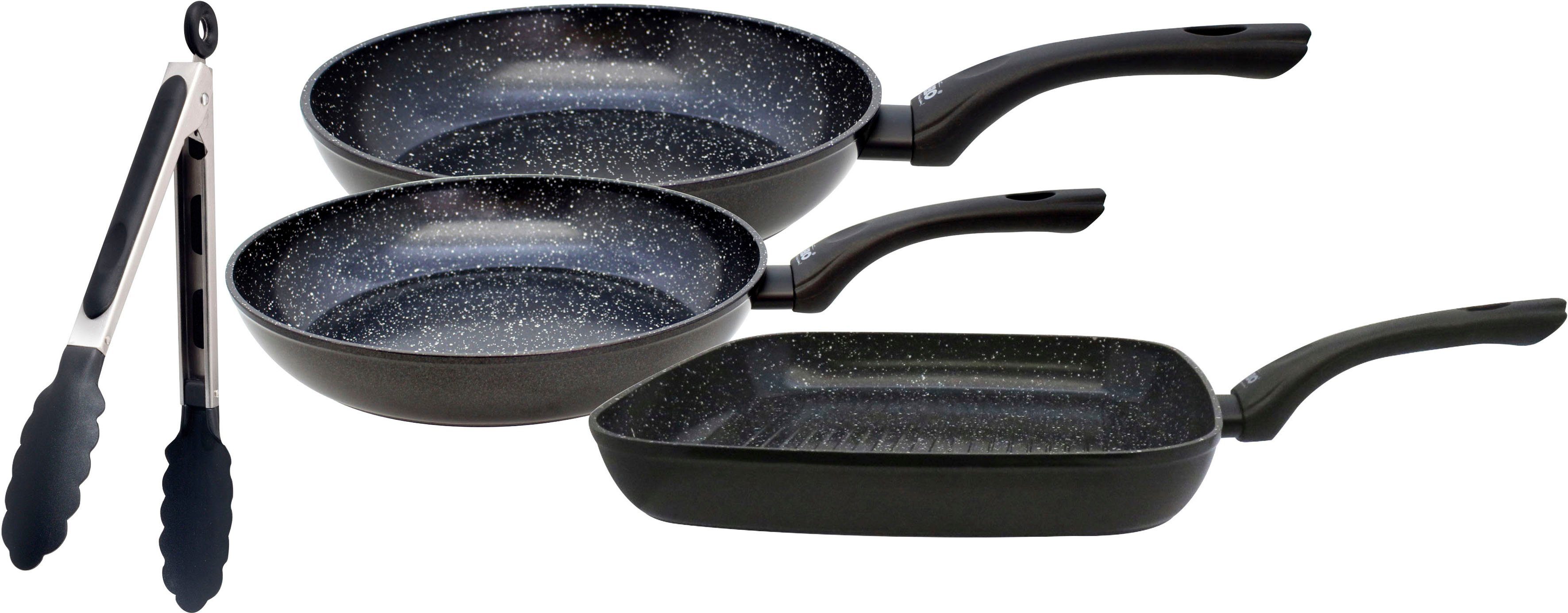 Elo Сковороды-Set Pure Belugo, Aluminium (Set, 4-tlg., je 1 Bratpfanne Ø 20/24 cm, 1 Grillpfanne 28x28 cm, 1 Servierzange), keramische Beschichtung, Induktion