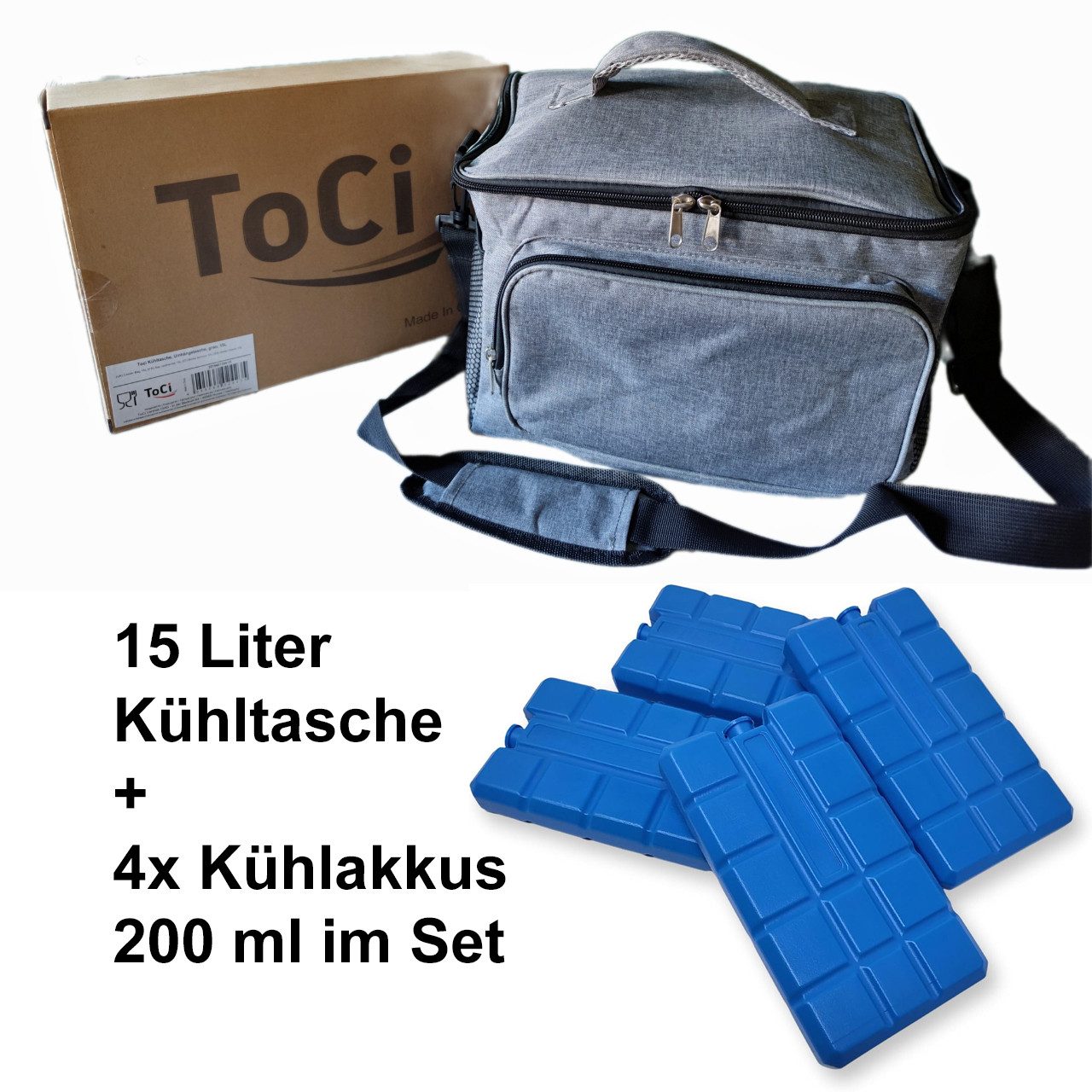 ToCi Kühltasche Kühltasche 15L Grau - Faltbare Picknicktasche + 4x 200ml Kühlakkus