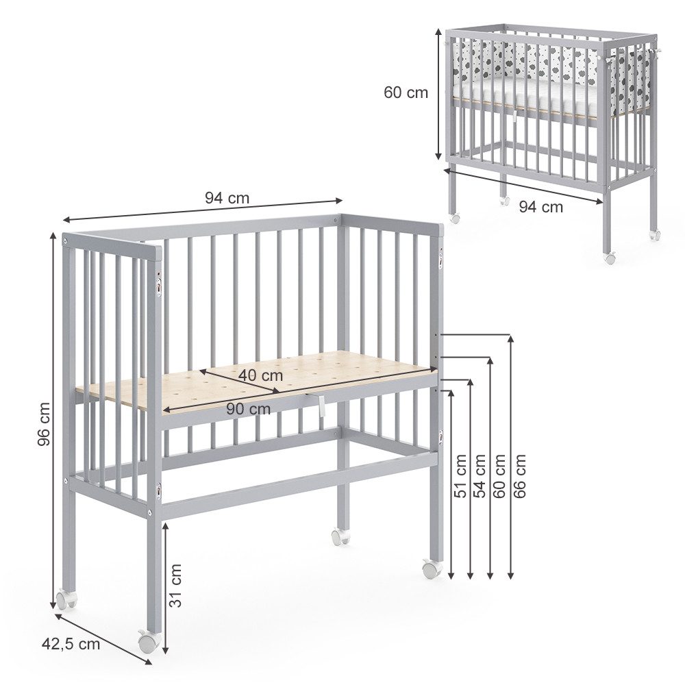 VitaliSpa® Beistellbett Sophie, Grau, 40 x 90 cm 2 Seitenschienen, 1-tlg.