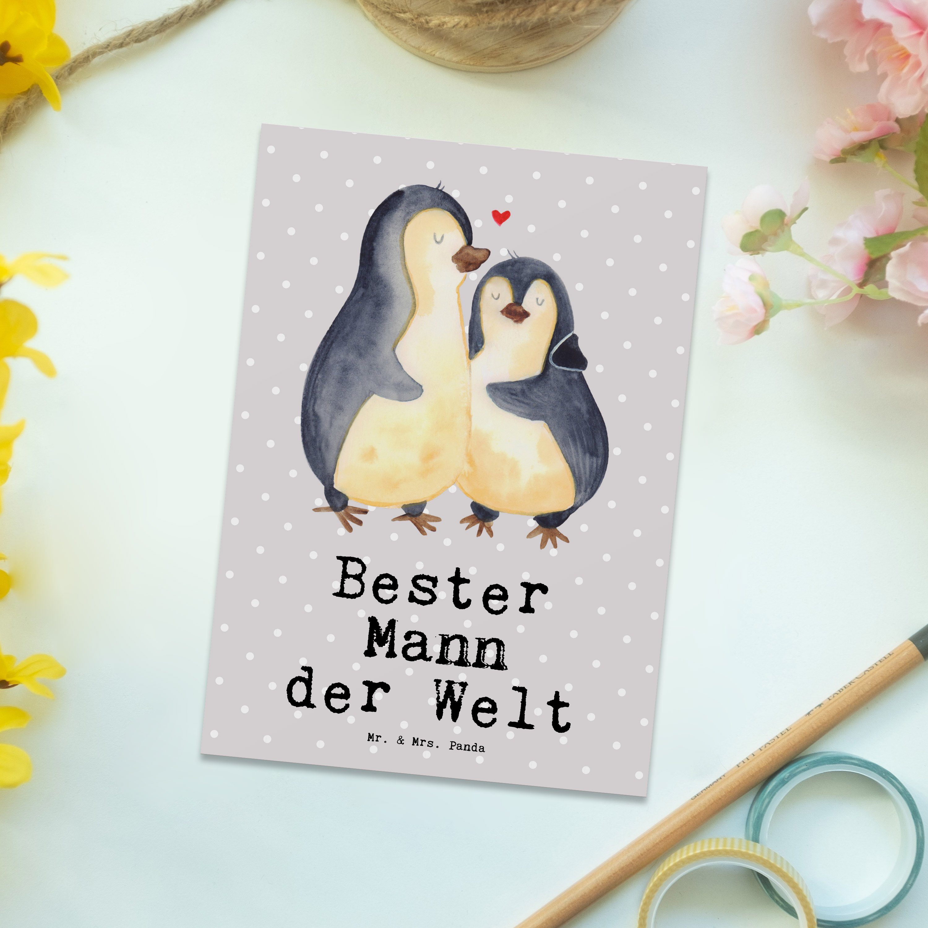Mr. & Mrs. Panda Postkarte Pinguin Bester Mann der Welt - Grau Pastell - Geschenk, Geburtstagska