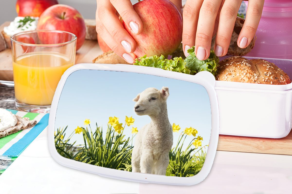 - weiß Kinder Brotdose, Lunchbox Erwachsene, Frühling, Kunststoff, für und (2-tlg), Blumen Jungs Mädchen Brotbox MuchoWow Schafe - und für