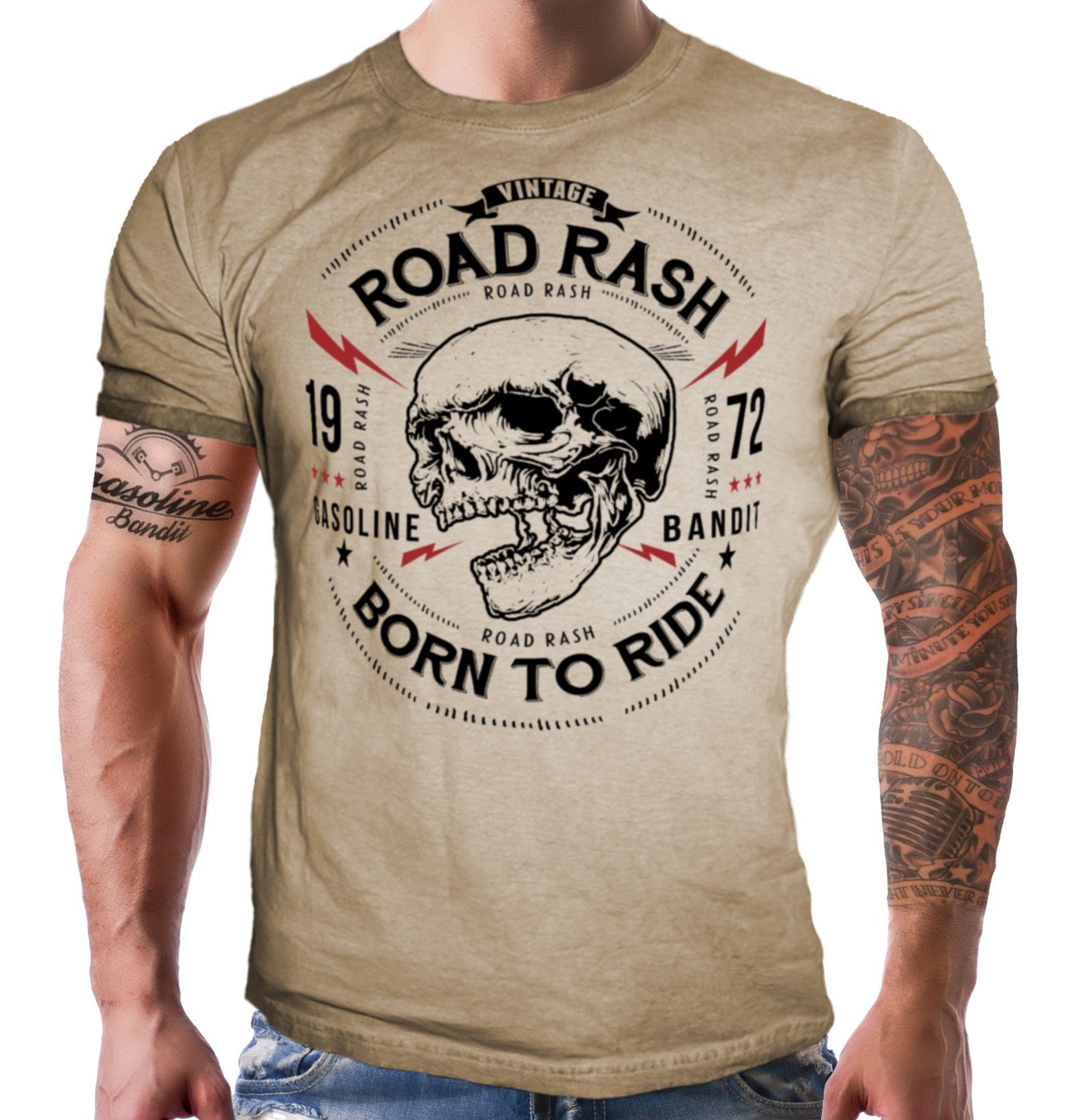 GASOLINE BANDIT® T-Shirt für Biker, Racer in Washed Sand Optik: Road Rash - Born to Ride