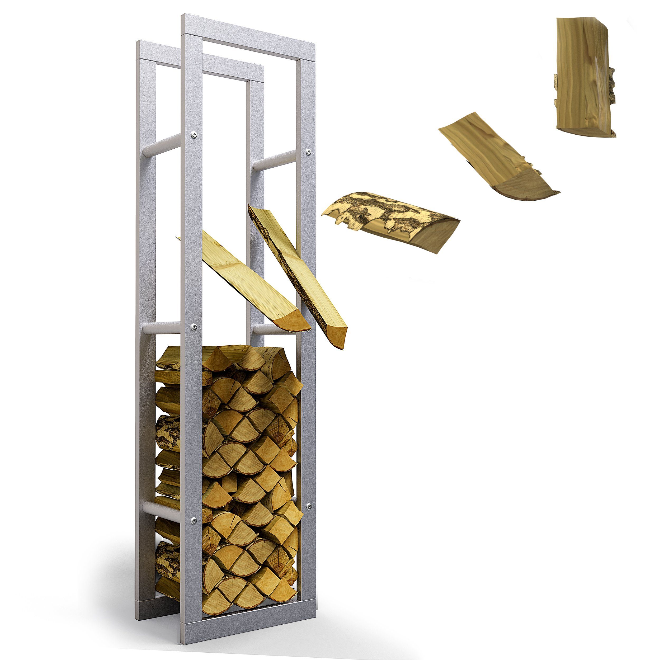 LAWA Living and Lifestyle Kaminholzregal innen und außen Metall VERZINKT für Brennholz hoch, BxTxH:40x25x150 cm, galvanisiert, pulverbeschichtet, stehend und liegend, SILBER