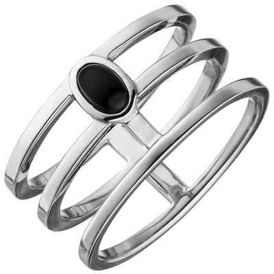Schmuck Krone Silberring Ring Damenring 3-reihig breit mit ovalem Onyx, 925 Silber Fingerschmuck, Silber 925