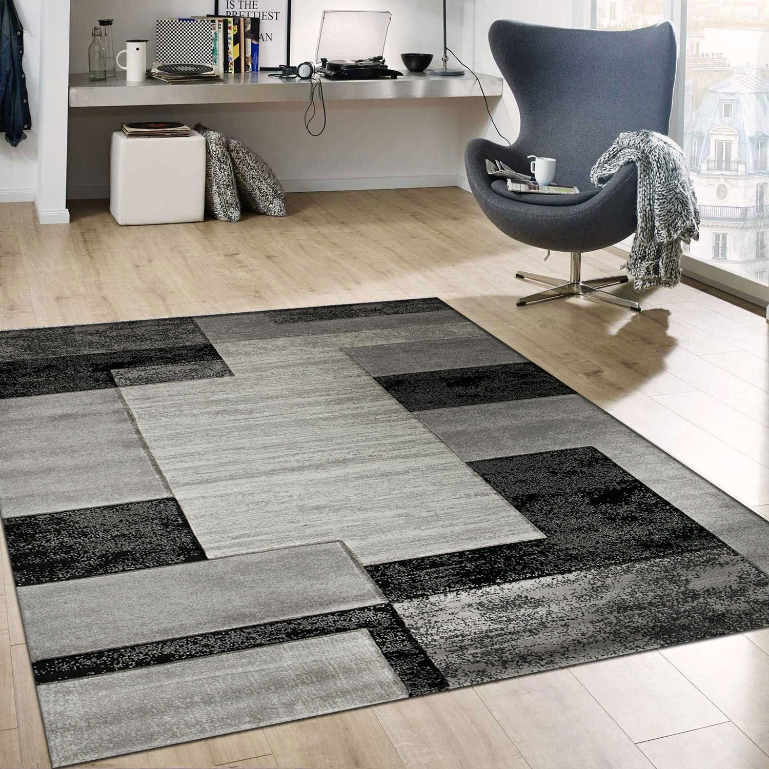 Vimoda Teppich Moderner Designer Teppich Kachel Design in Grau Meliert, Rechteckig