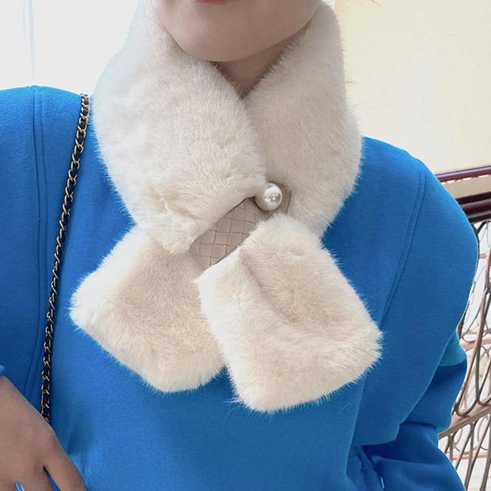 Damen Faux Schal, Weiß Pelz Gemütlich Warm Warmer Elegant mit LAKKEC Perlen Schal Plüsch Kaninchen Modeschal Winter