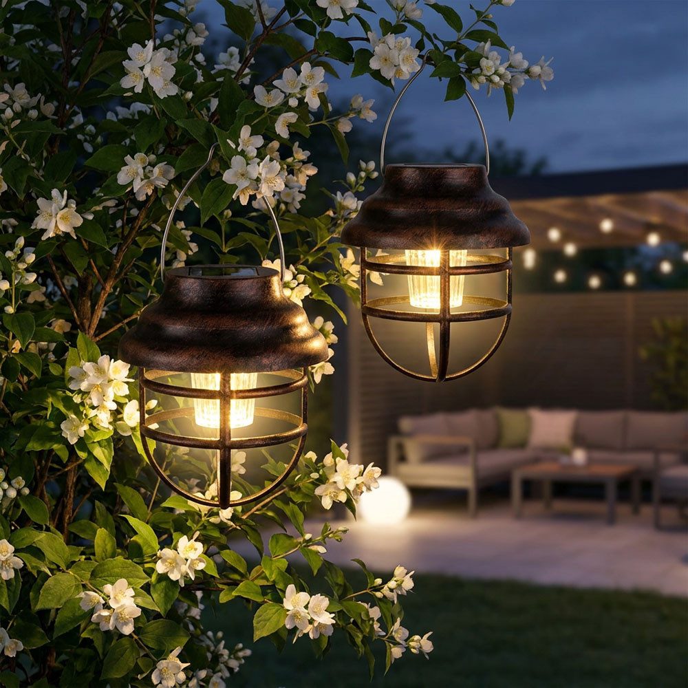 GLOBO LIGHTING LED Solarleuchte, LED-Leuchtmittel fest verbaut, 2er Set LED Solarleuchte Laterne Gartendeko rost klar Außenlampe