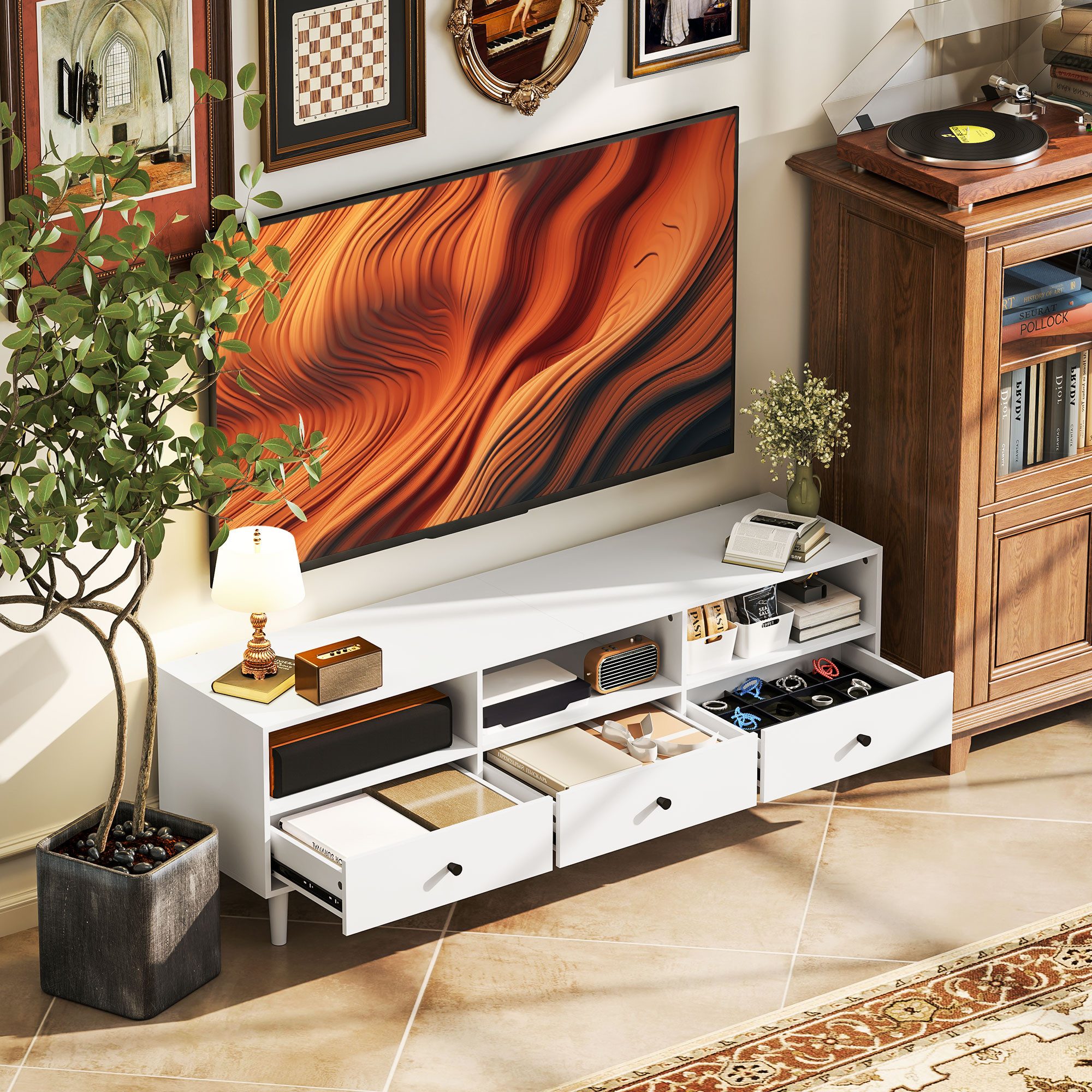 HOMCOM TV-Board TV Schrank mit Schubladen, 3 offenen Fächern (140 cm lang TV Kommode, 1 St., TV Lowboard mit Kabelmanagement), Fernsehtisch für Wohnzimmer Weiß 140 x 34 x 45 cm