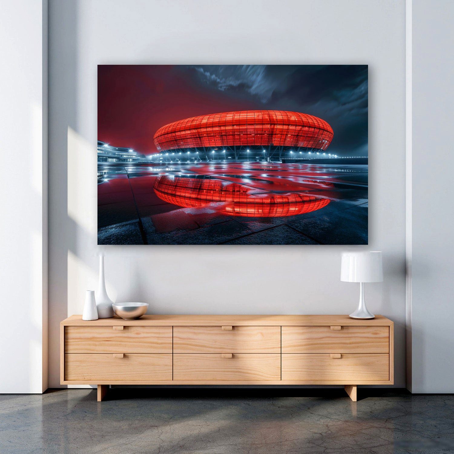 Artedinoi Leinwandbild Allianz Arena rot München Stadion Wandbild Leinwandbild Kunstdruck XL, Fußballstadion München, rot