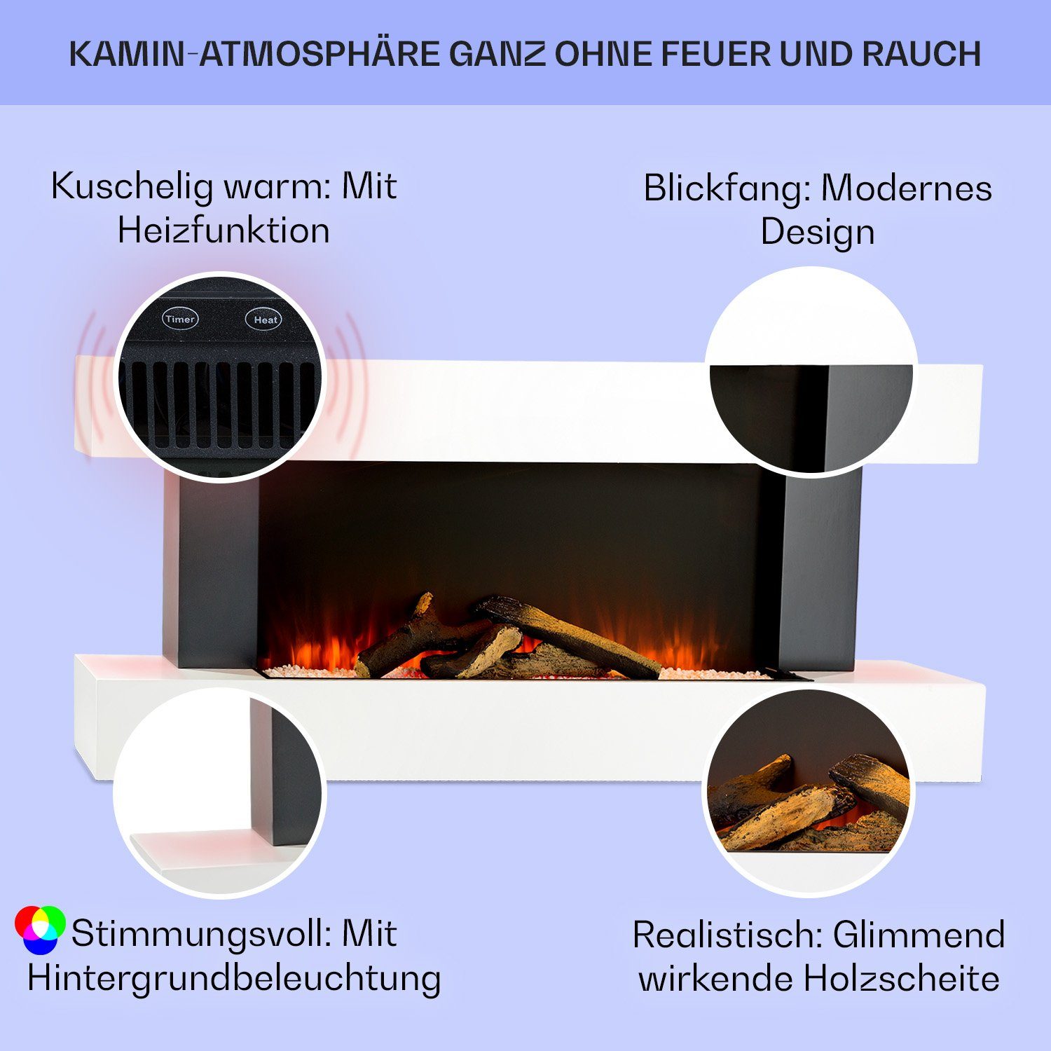 Klarstein Elektrokamin Studio Light & Fire, elektrischer Kamin mit Heizfunktion Heizlüfter elektrischer Kaminofen