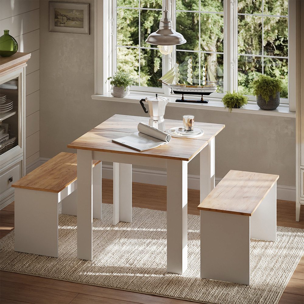 Vicco Essgruppe Sentio, Weiß/Goldkraft Eiche, 80 x 80 cm mit 2 Bänken, (3-tlg)