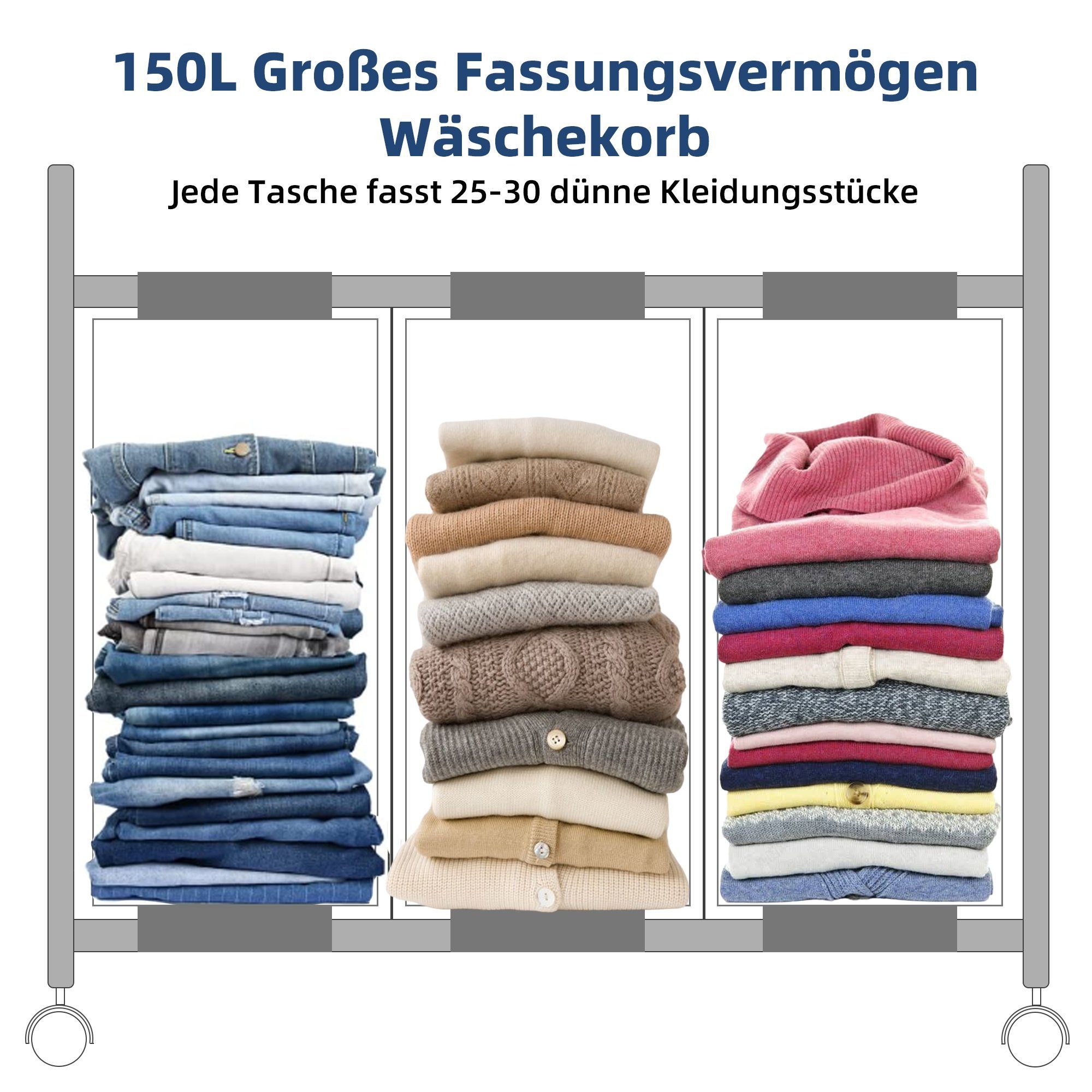 Fächern, mit mit x Haushalt, Rollen, Oxford-Gewebe, Robust, Eimer 76 x 39 3 x sortiersystem Schmutzwäschekorb, 85 NEFOSO 600D 50L wäsche 3 Wäschesortierer cm Deckel,